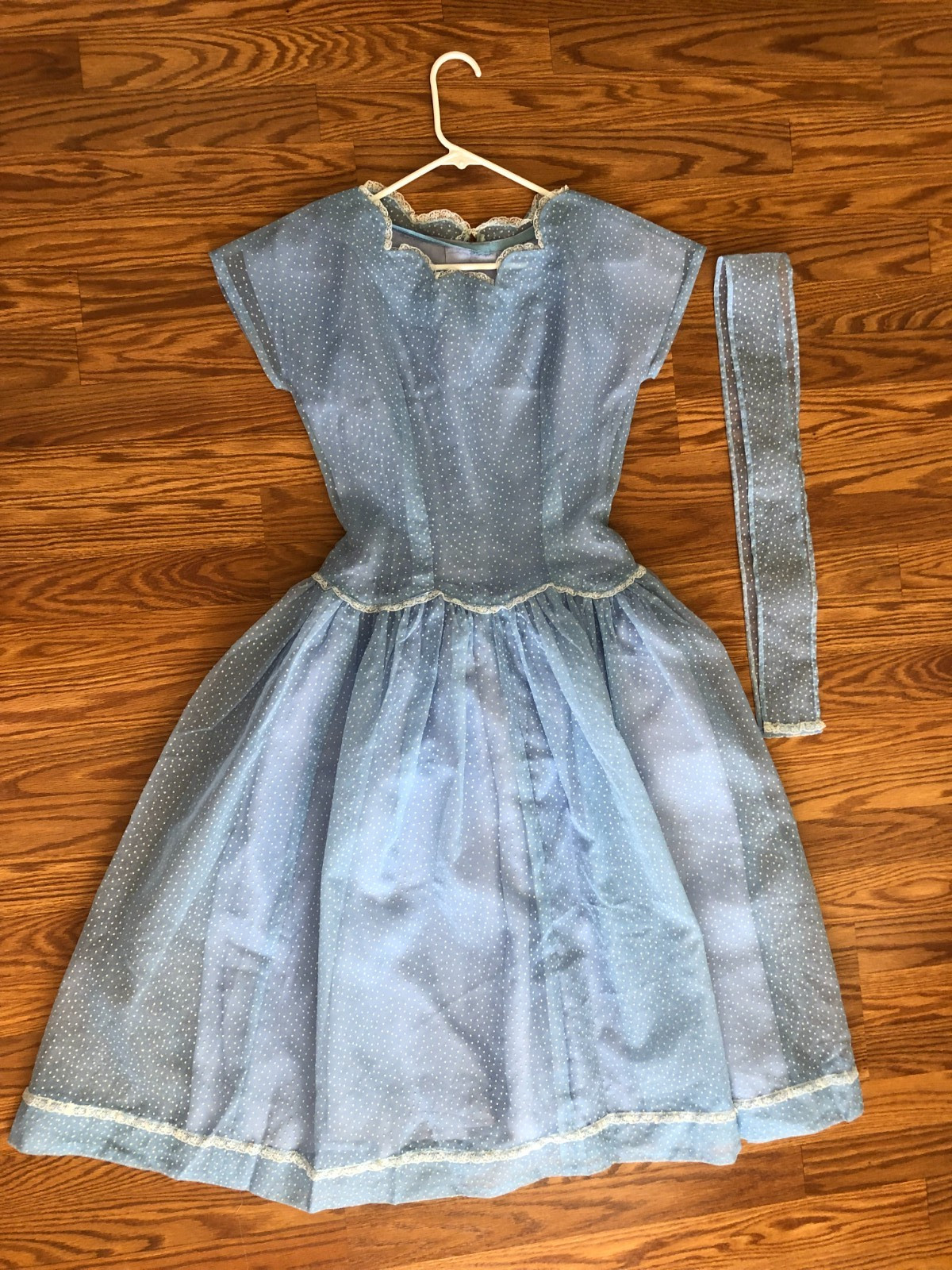 Vintage 1950s Handmade blue sheer dotted swiss womens dress lining& hair tie