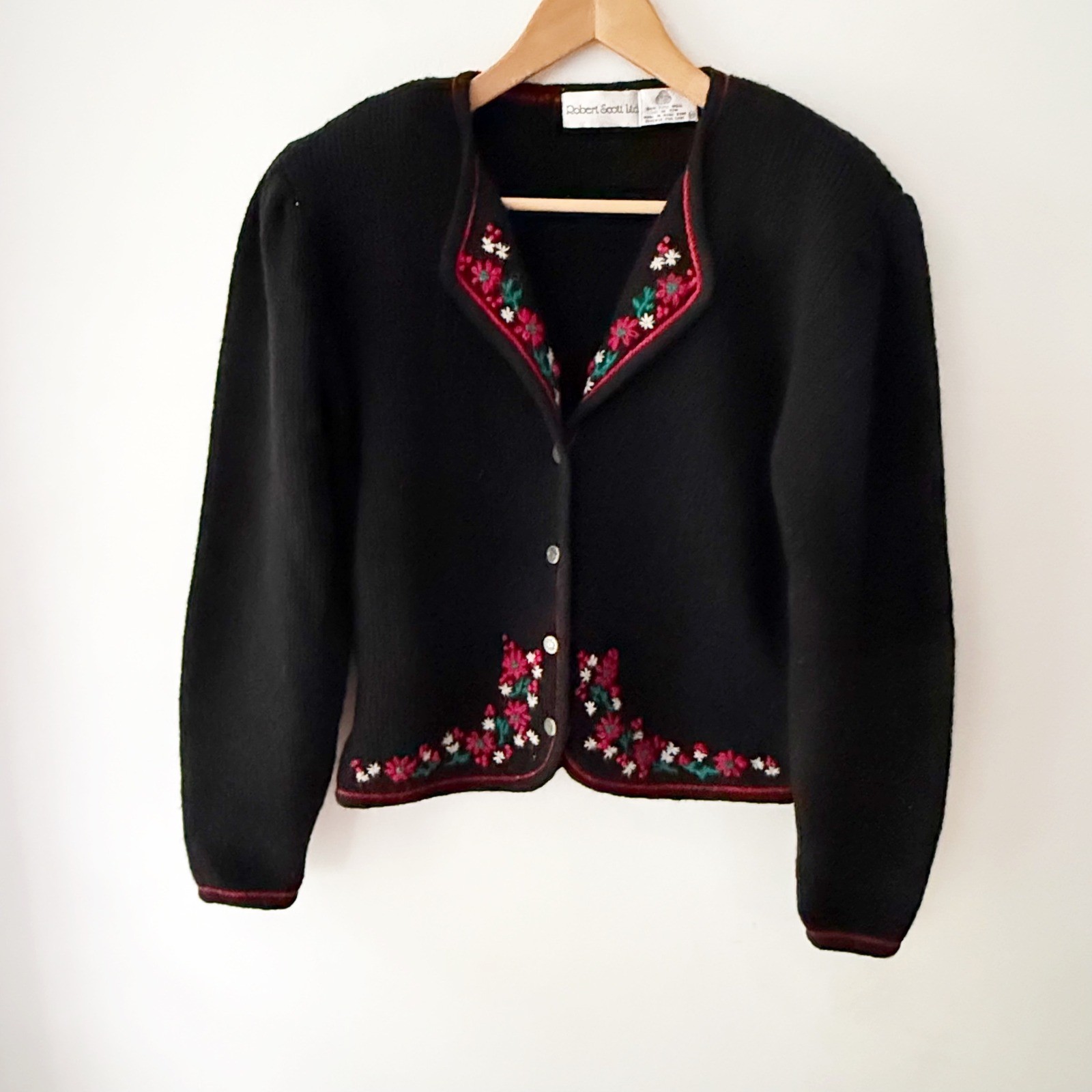 Vintage Women Cardigan Sweater Black 100% Wool Embroidered Floral Cottage Hoiday