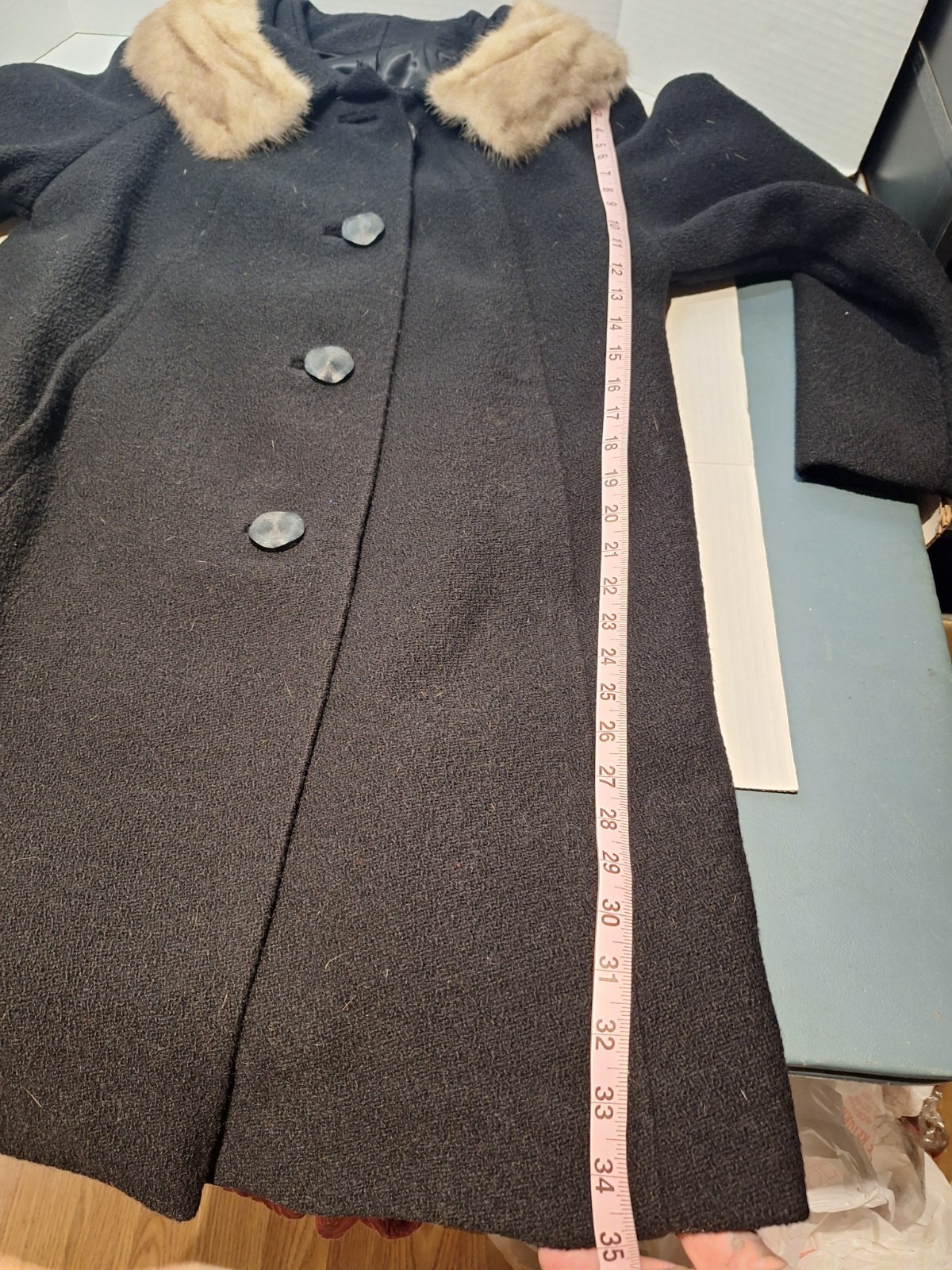 Vintage Sears Fashion Pea Coat With Fur Collar, Woman’s L, Black, Wool, Button