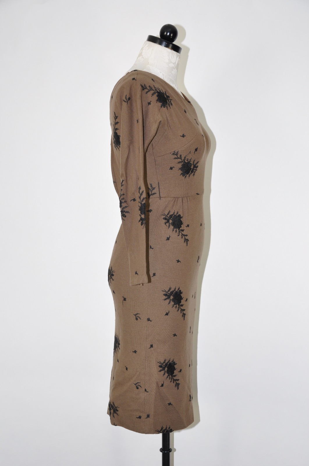 60s Vintage Brown Wool Rose Floral Embroidery Midi Sheath Wiggle Dress Women XS