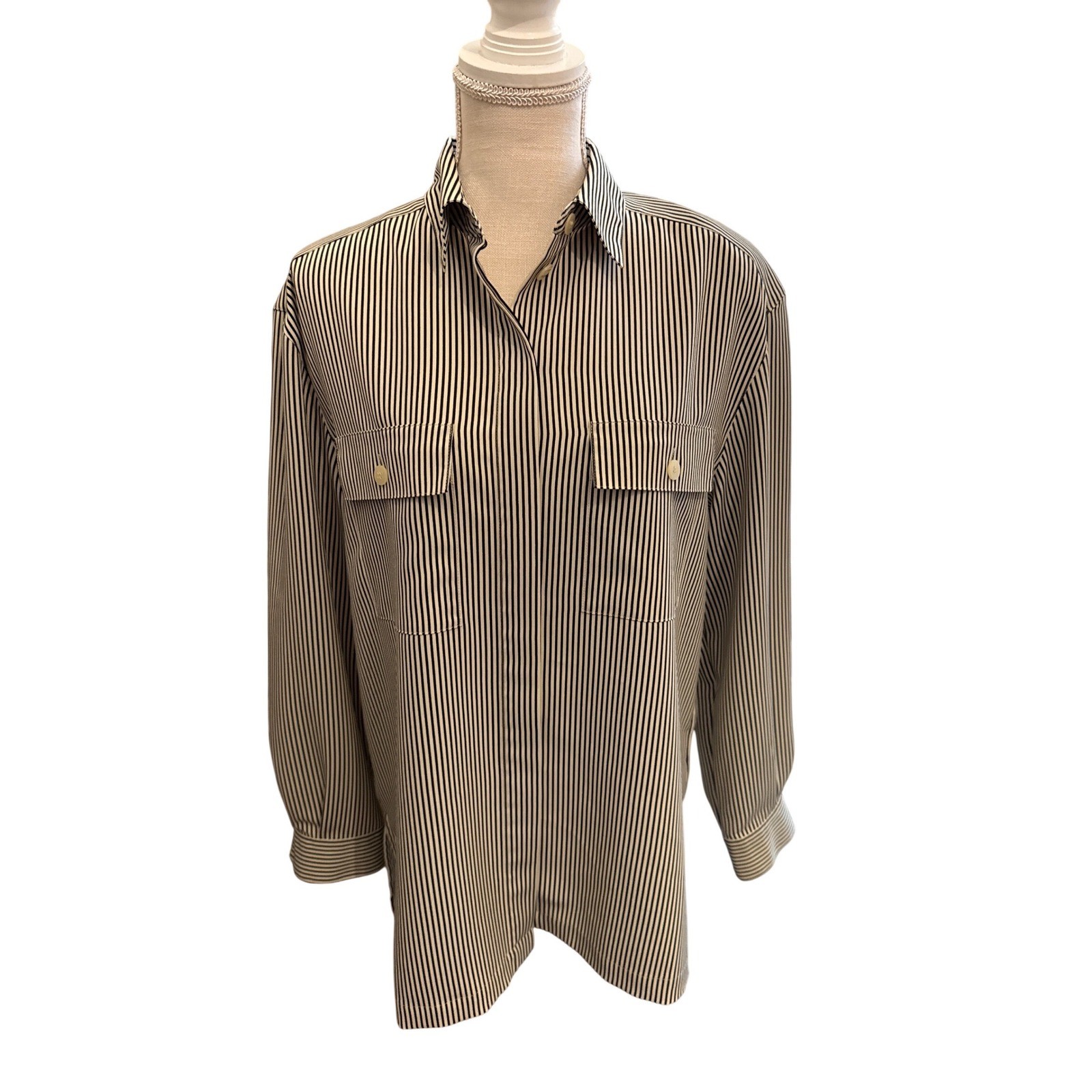 Josephine Chaus Striped Blouse Hidden Button Shoulder Pad Vintage