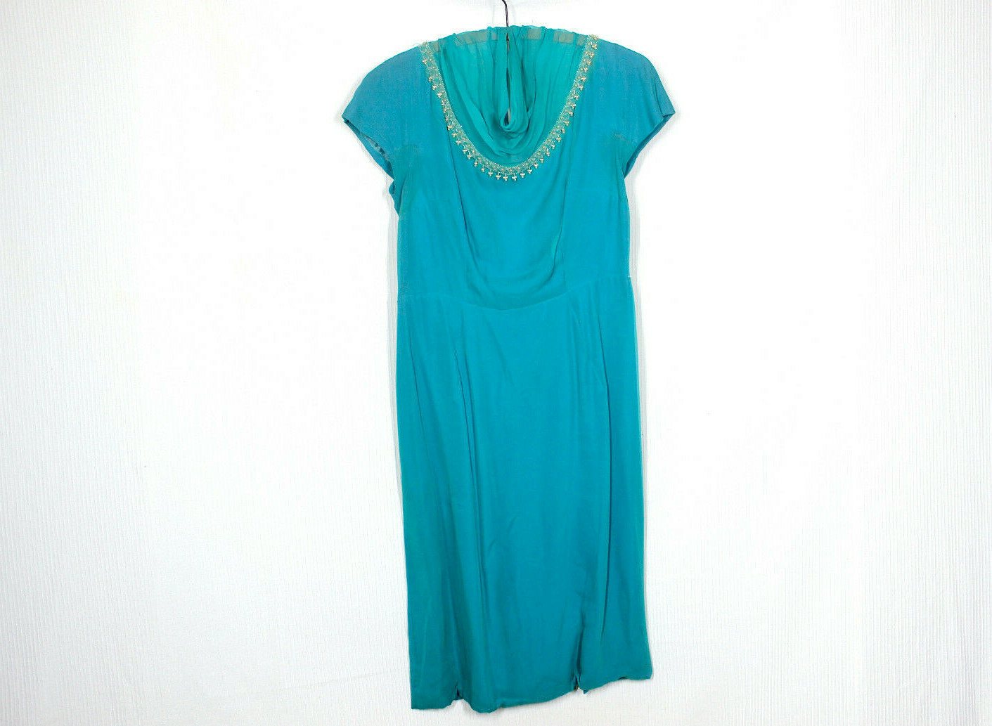 Vtg 50s Ocean Blue Silk Crepe Dress L Cameo Cowl Neck Pearl Beading Pinup Rare