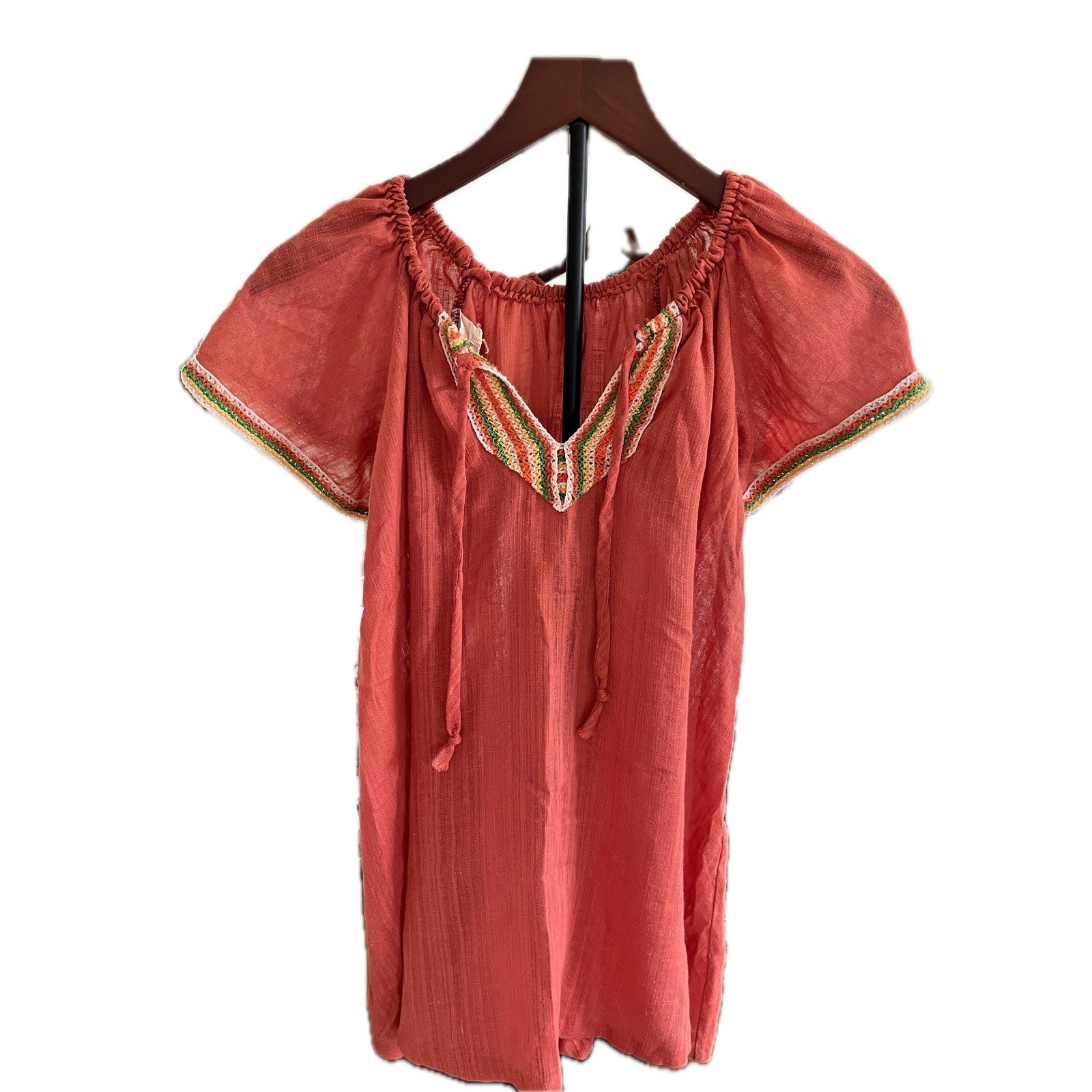 Vintage 70s Terracotta Boho Peasant Blouse Flutter Sleeve Sz M Free Spirit