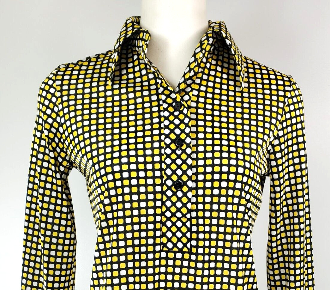 Vintage Alex Colman Top – Size 10 – Black, Yellow, & White Print