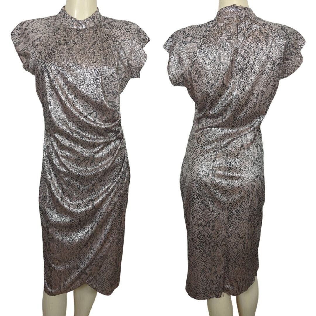 Vintage Steppin Out Metallic Snake Print Ruched Midi Dress Flutter Cap Sleeves M
