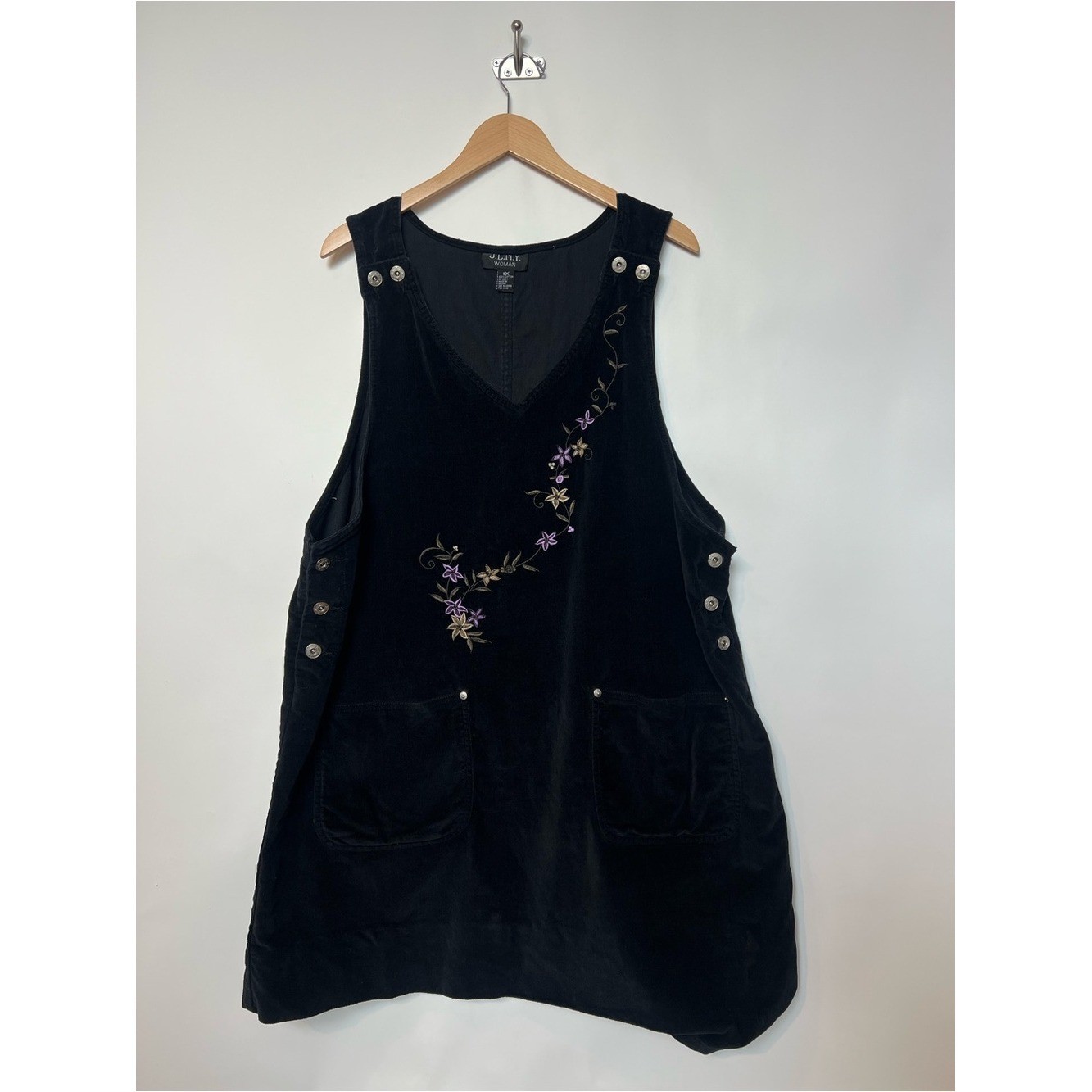 90s Black Embroidered Pinafore Overall Dress Velvet Corduroy 1X