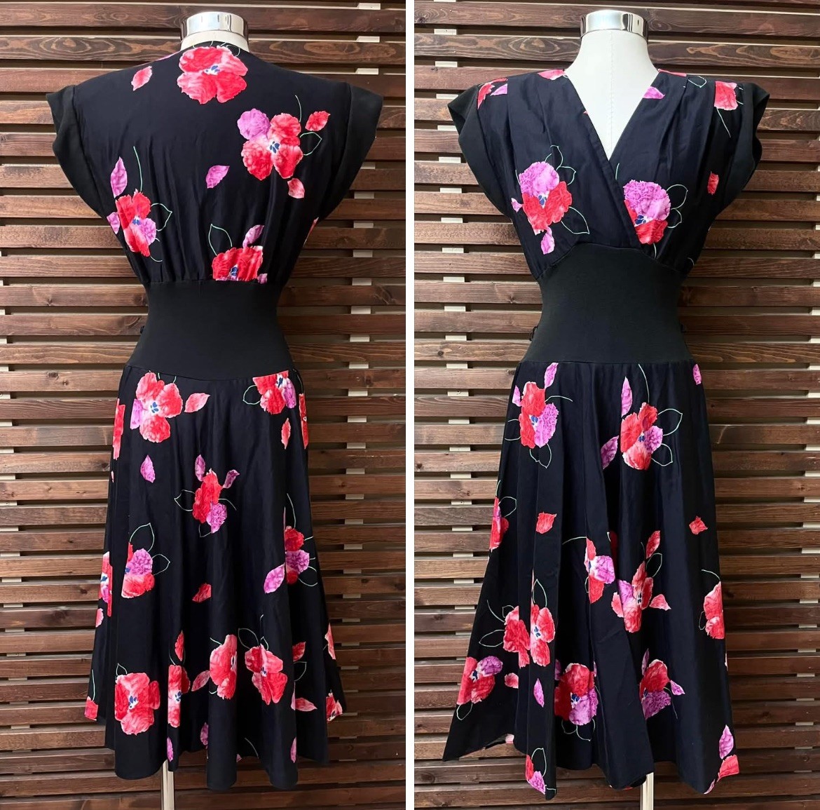 1980s 80s Vintage Black Pink Purple Floral Cotton Cap Sleeve V-Neck Midi Dress