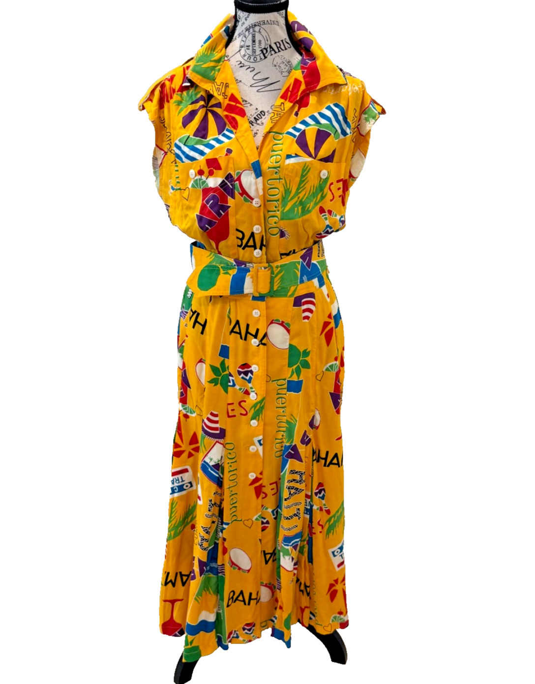 Vintage 1980s Karen Alexander Caribbean Print Belted Midi Dress Tropical Size 10