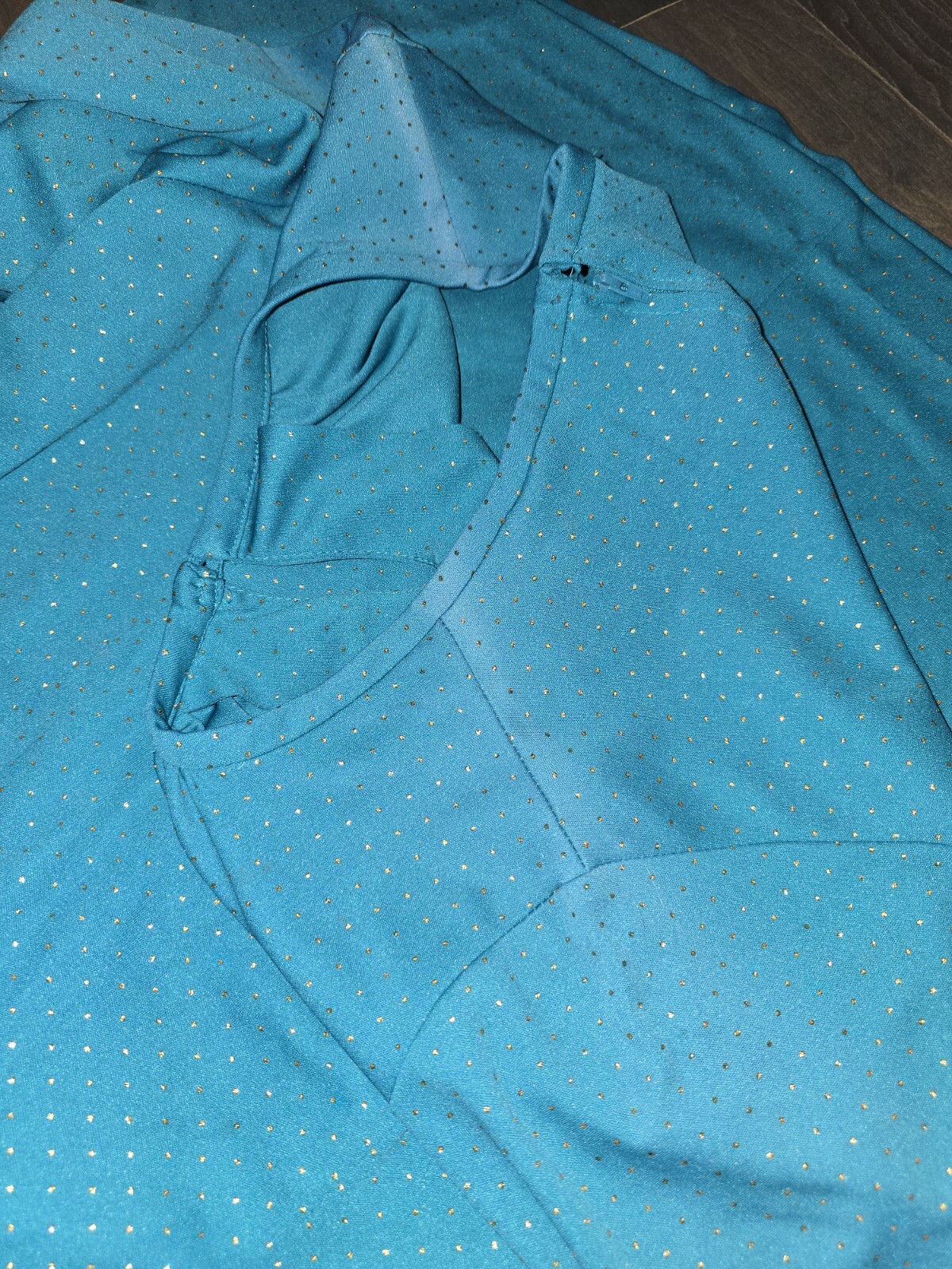 Vintage 60s House Day Dress Teal Gold Dots Frilly sleeves Mod M/L