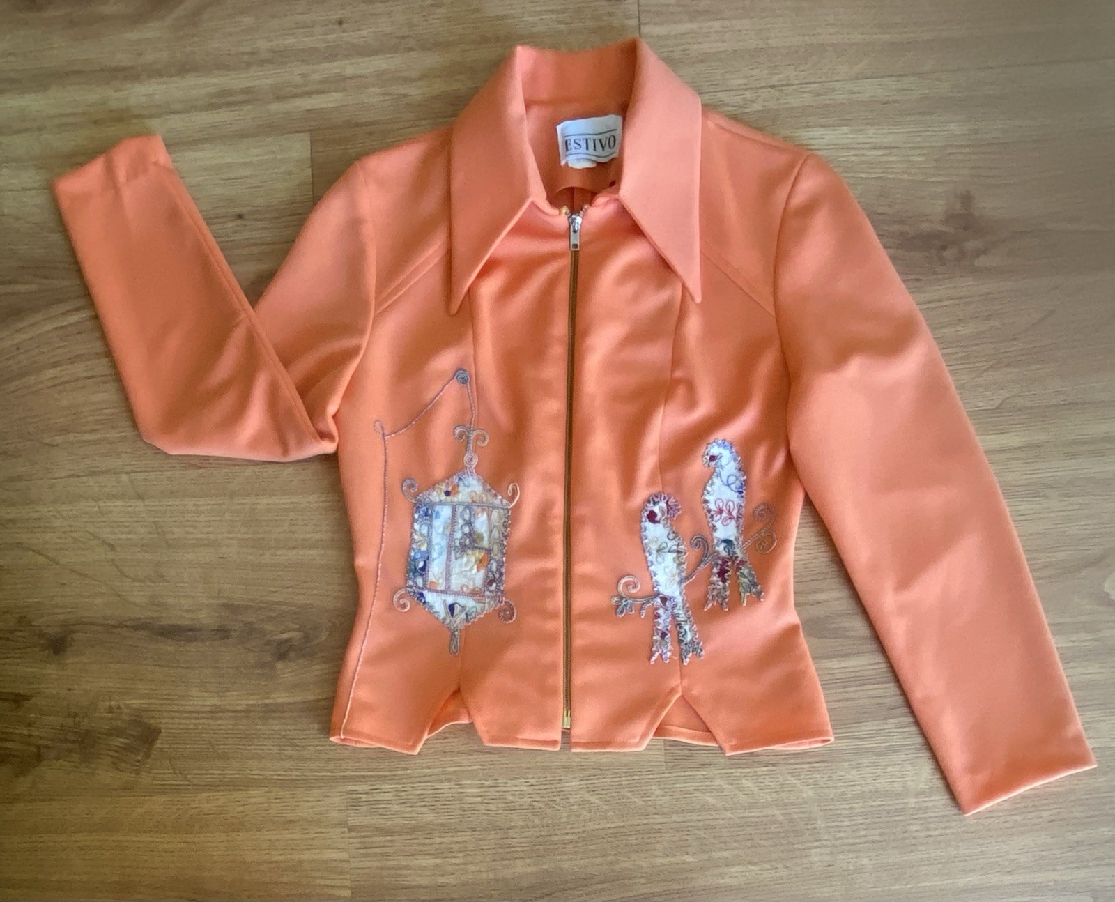 Vintage Orange Embroidered Bird Jacket with Dagger Collar Women’s