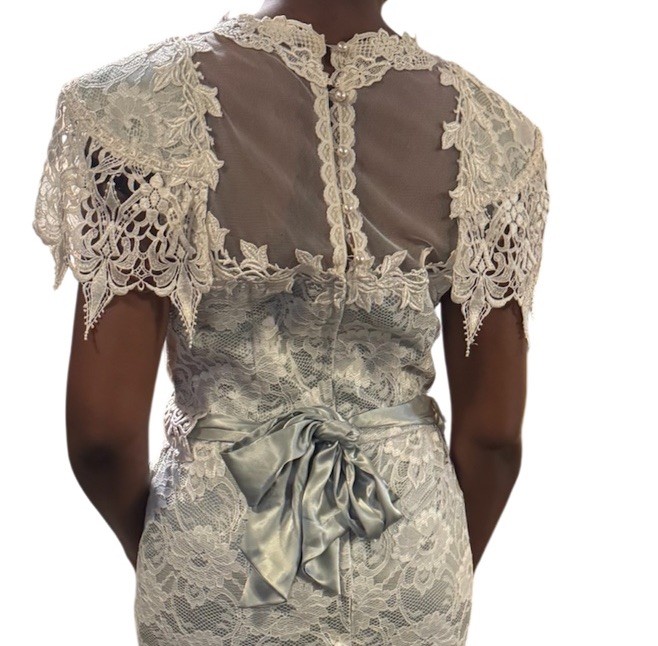 Vintage 80s Lorrie Kabala Lace Dress Victorian M 8 Seafoam Green Cream Lace