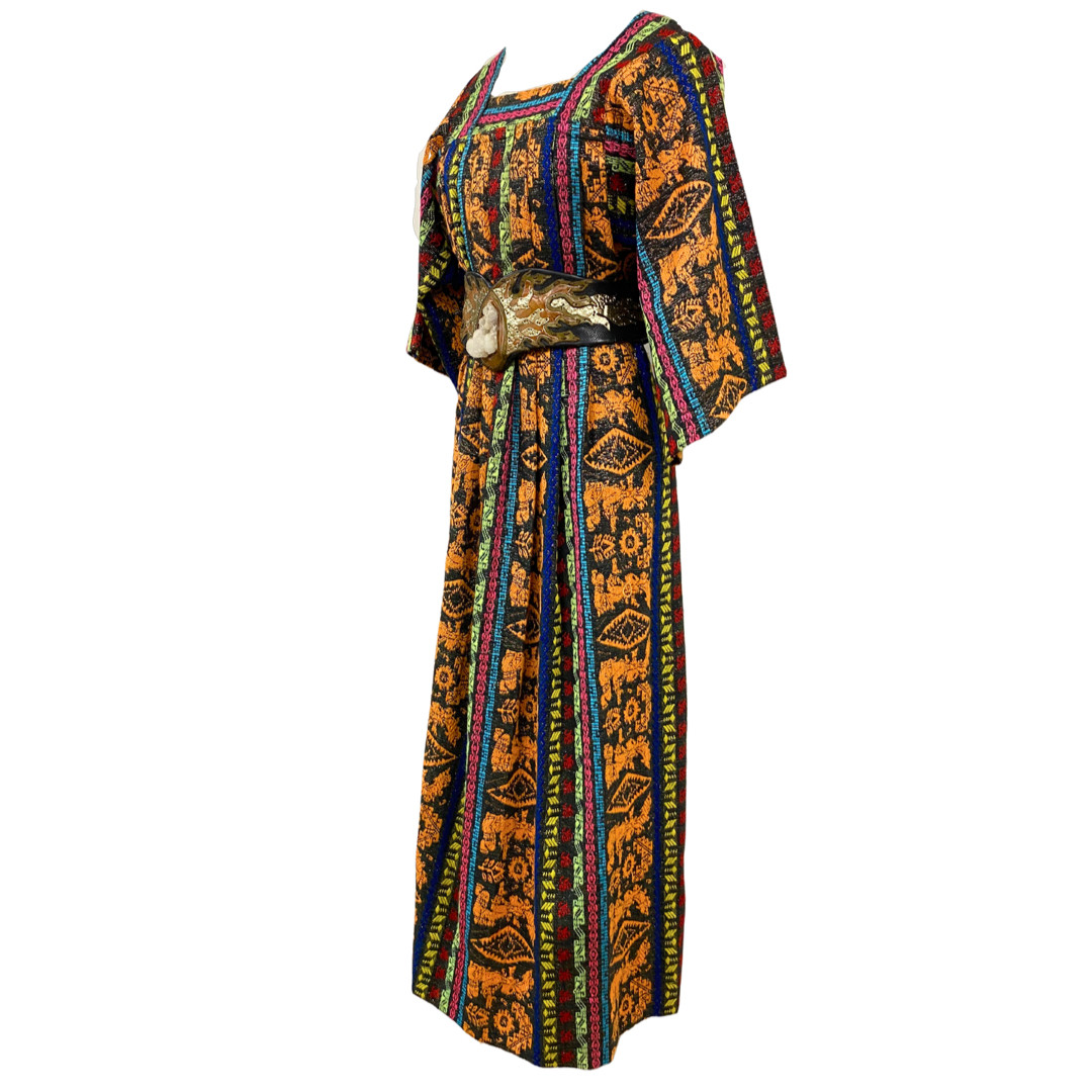 Vtg Vintage 1960s 60s Mexican Woven Metallic Mayan Textile Tunic Maxi Dress