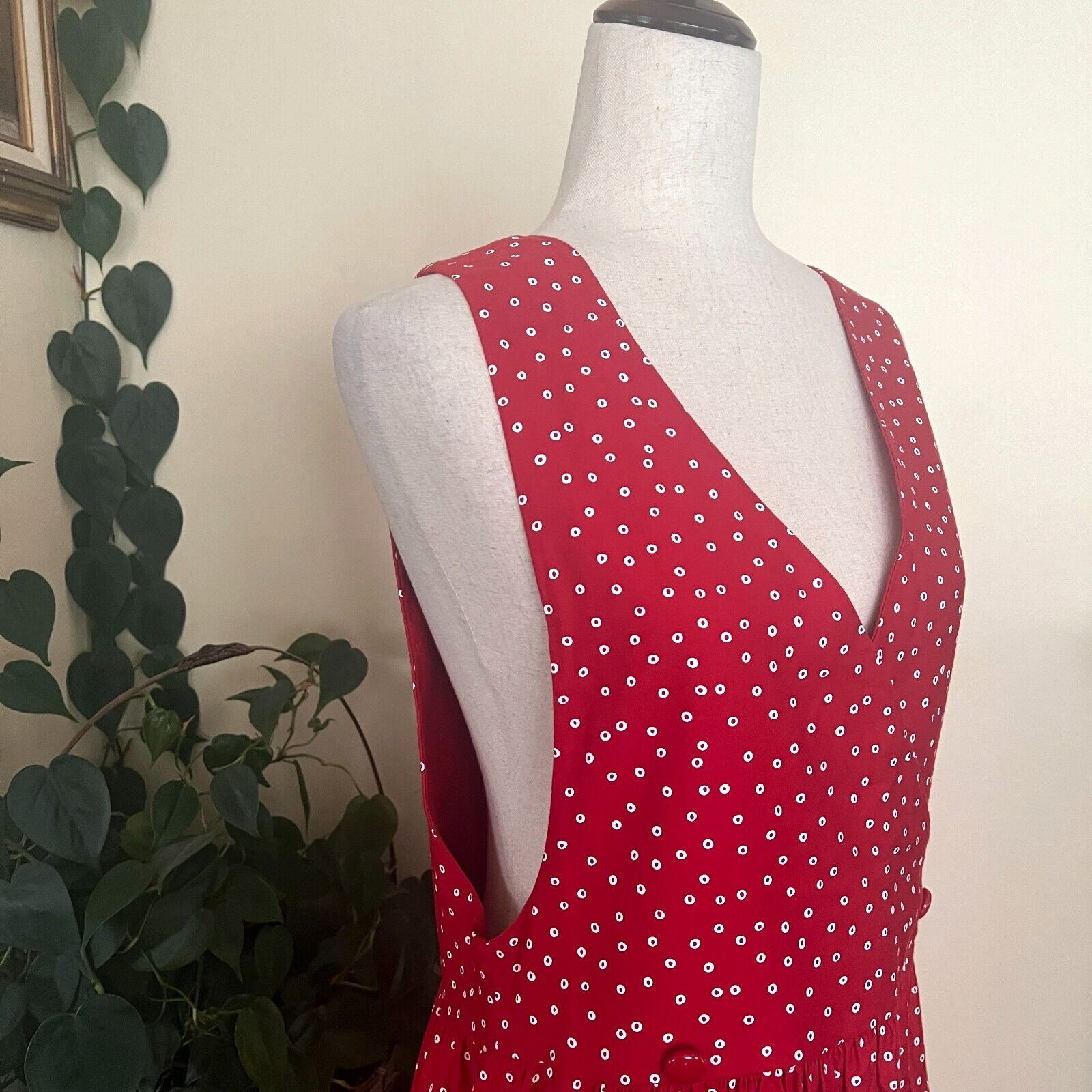 J Jill Red Polka Dot Dress Vintage 90s Surplice Neckline 100% Cotton sz M