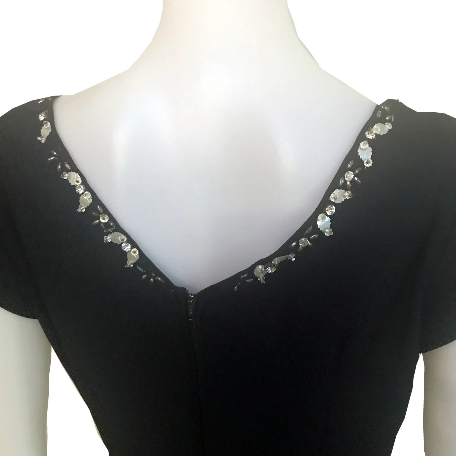 Vintage 1950s Black Embellished Wiggle Dress Cap Sleeves sz S