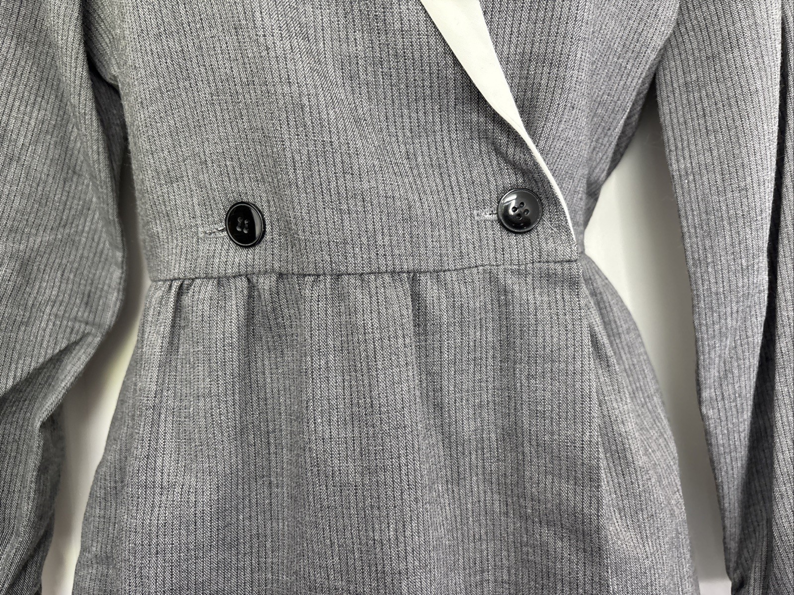 Vintage Grey Pinstripe Dress I Magnin Sz Classic White Collar Red Pocket Scarf