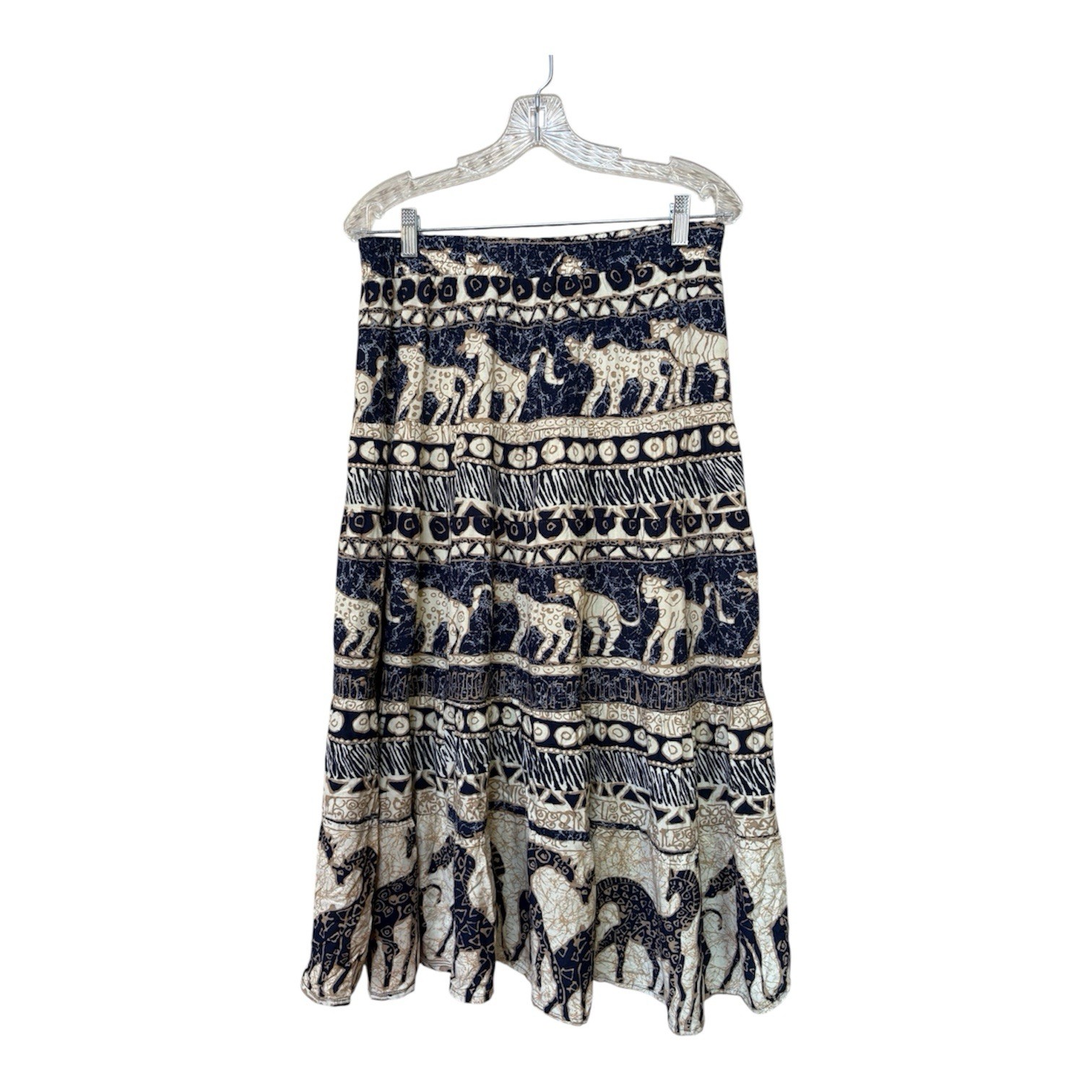 Vintage USA Rayon Safari Elephant Giraffe Novelty Print Maxi Skirt M