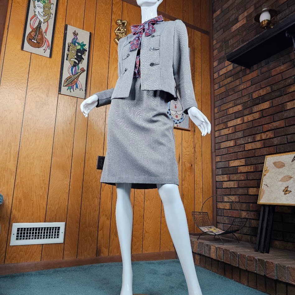 Vtg 80s Pussy Bow Power Suit Paisley Floral Dress w/ Blazer Secretary Dress M