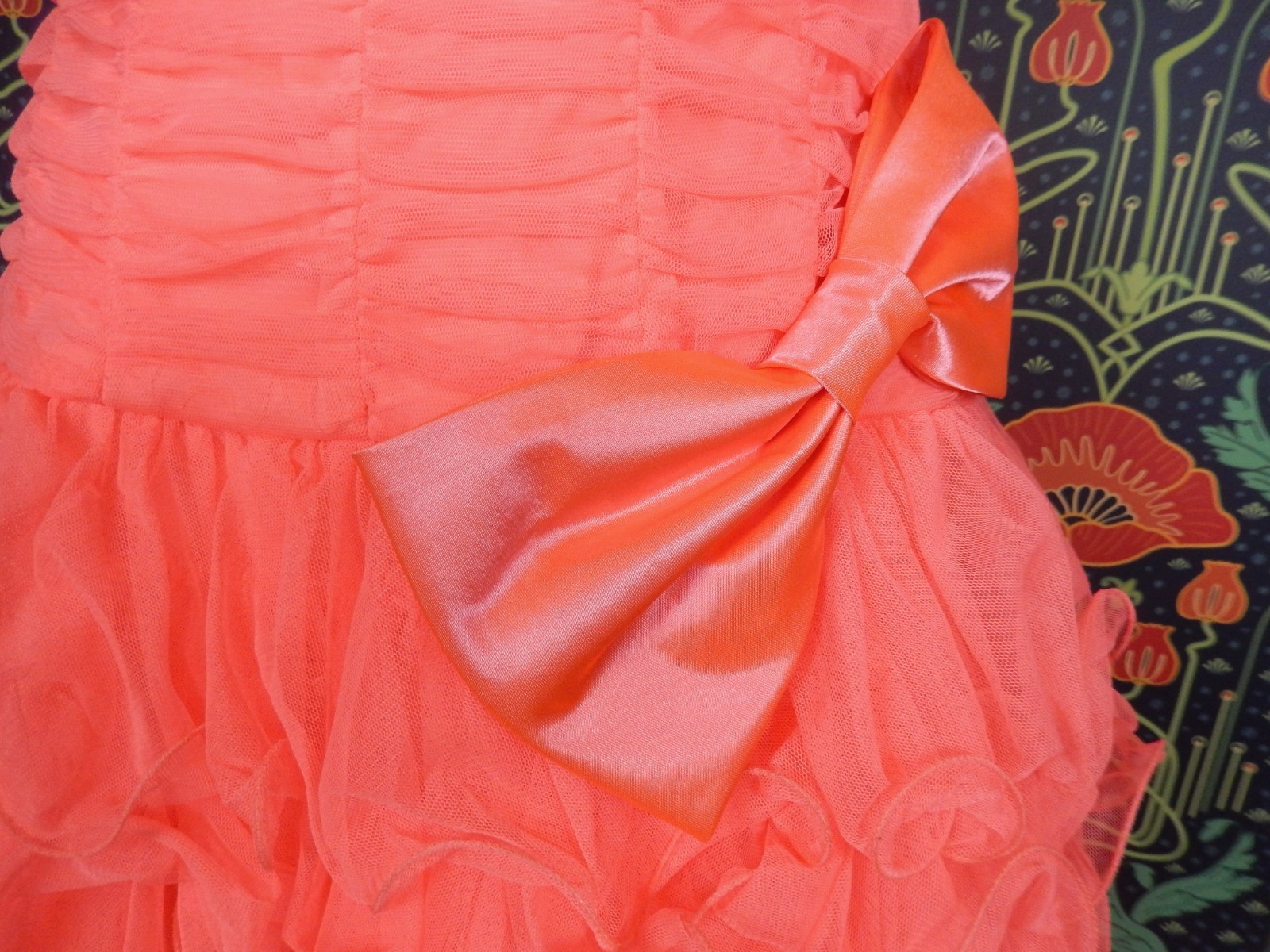 Vintage Y2K Neon Coral Pink Strapless Tulle Ruffle Mini Party Sequin Bow Dress