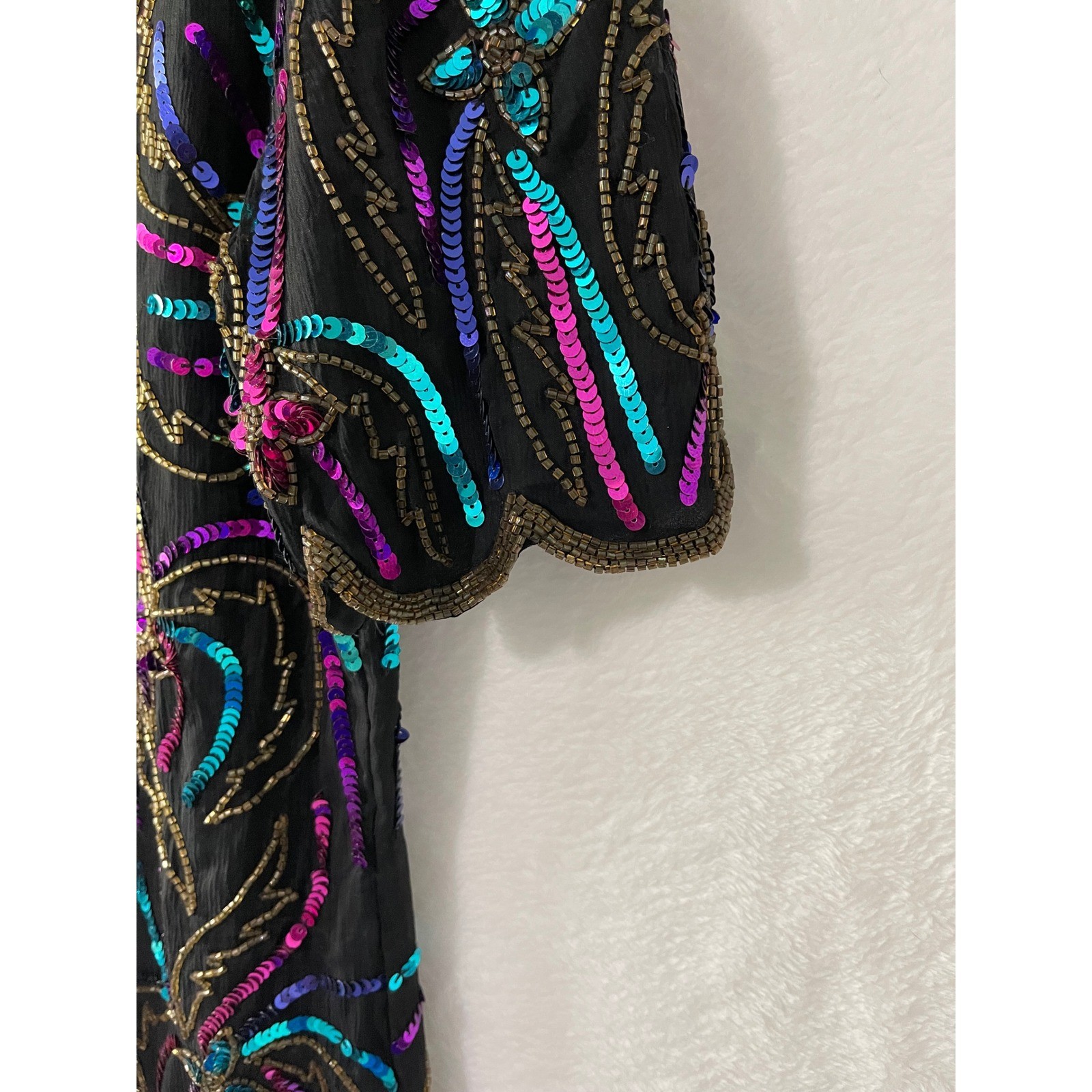 Vtg Scala Vintage Silk Beaded Sequin Blouse Black Teal Floral Scalloped PM