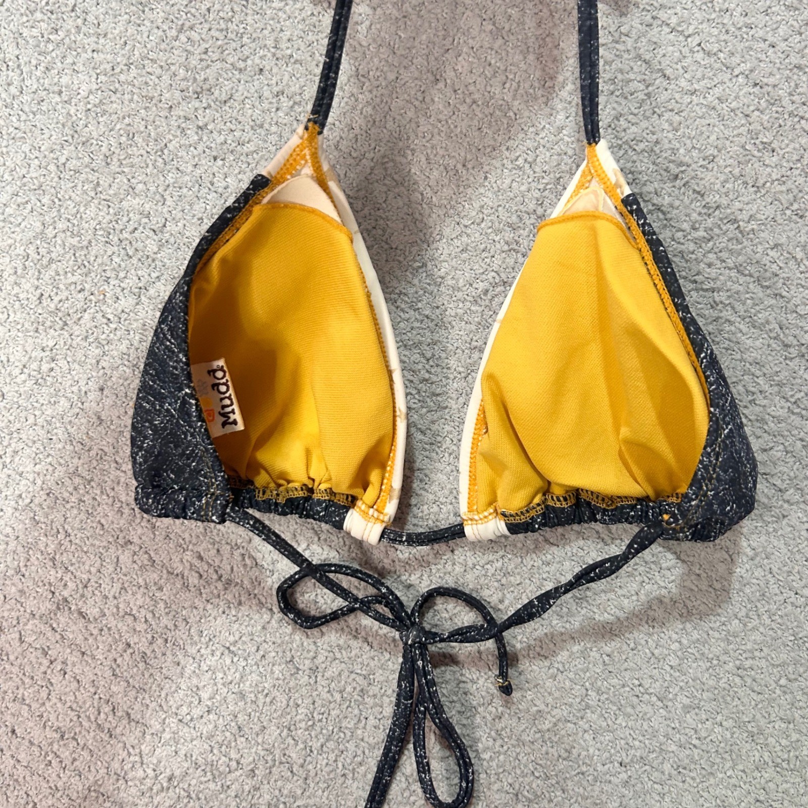 Mudd Vintage Bikini Top Triangle Y2K OS Black Gold Star Denim Print Retro Baddie