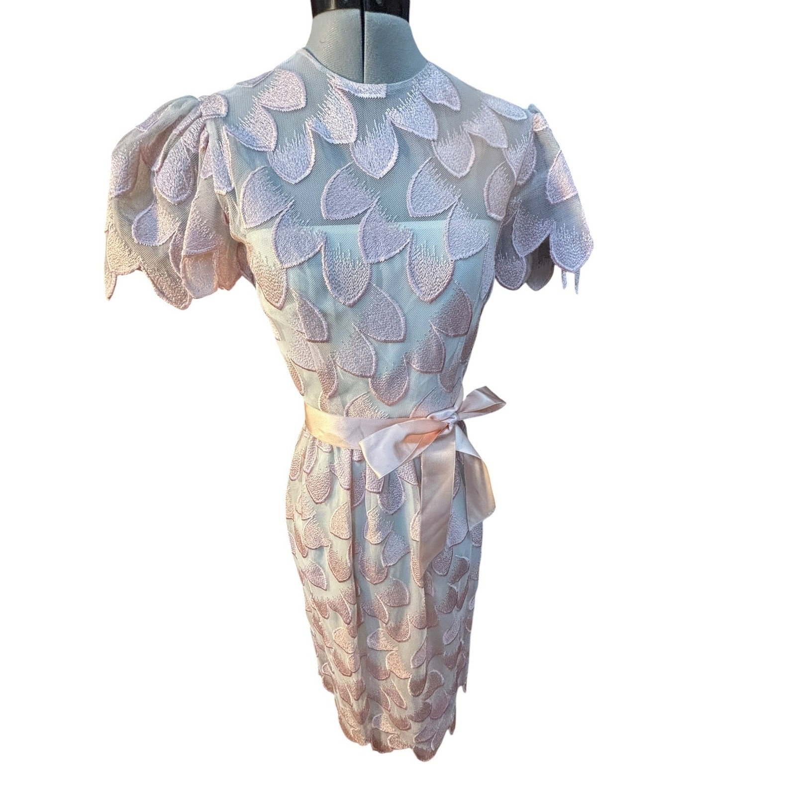 Pastel Petal Appliqué Dress Puff Sleeve Sheer Overlay William Pearson 80s Party