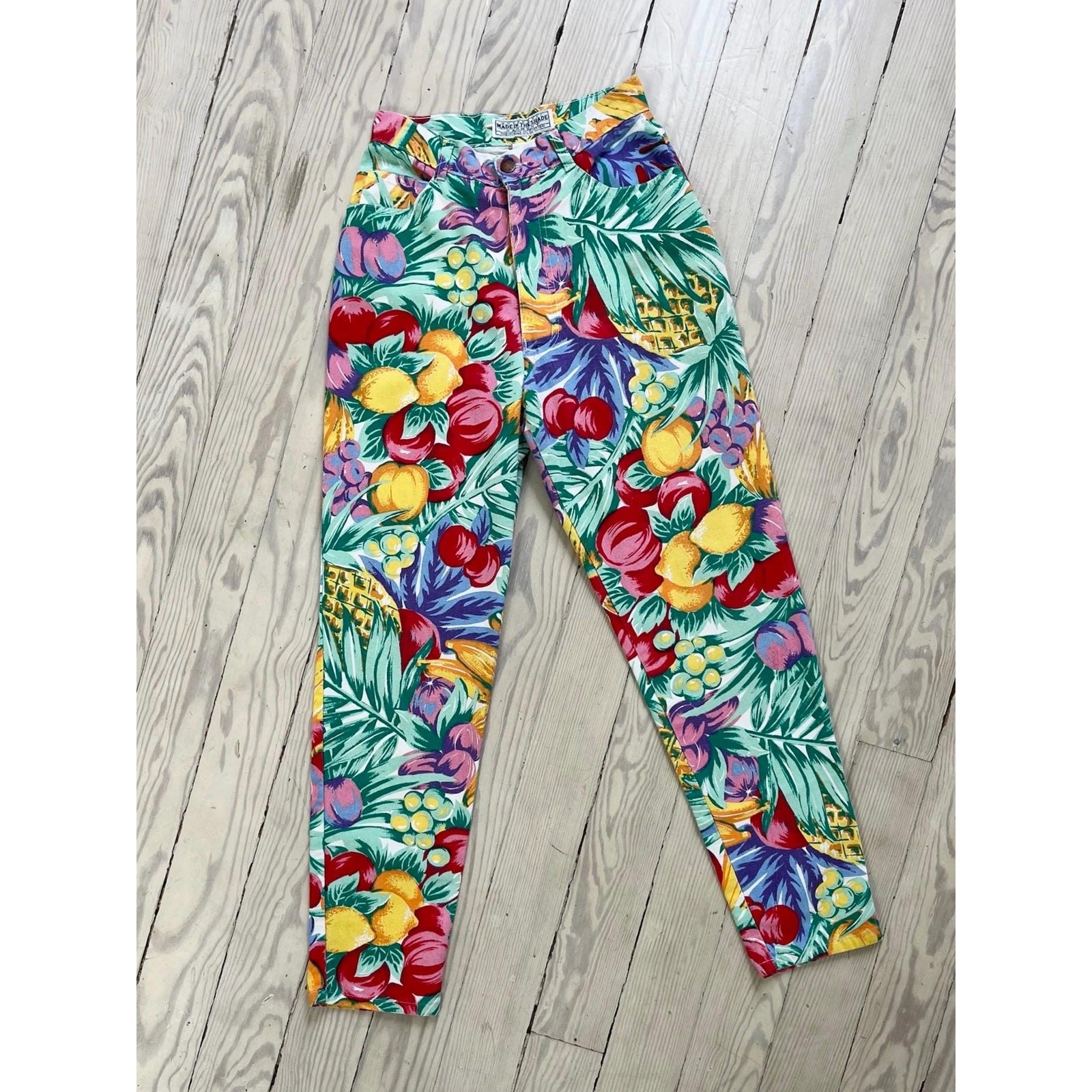 1990s Pants / 90s Rainbow Fruit Print Jeans / Small 25” Waist