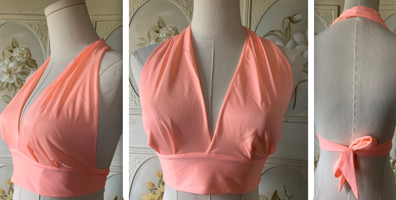 VTG 70s ORANGE SHERBET HALTER TIE TOP WRAP CROP NYLON KNIT UNION/USA-MADE EUC M