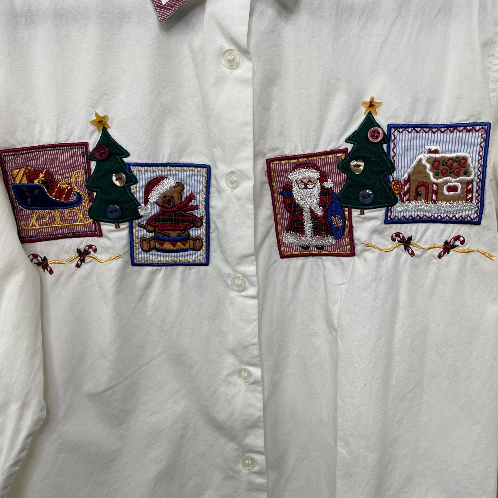 Vtg 90 Christmas Holiday Embroidered Button Down Shirt White Size S Cottage Gram