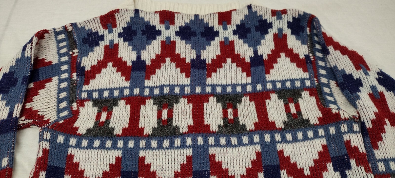 MCM Sweater Mid Century Holiday Burgundy Red White & Blues Mod Mock Neck Crew