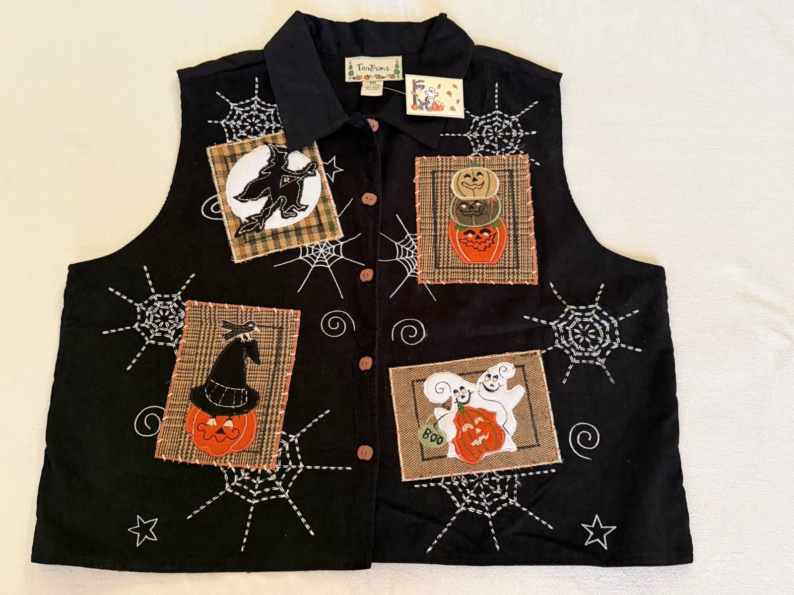 VTG Tantrums BLK Corduroy Halloween Vest w/ Embroidered Patchwork Womens XXL NWT