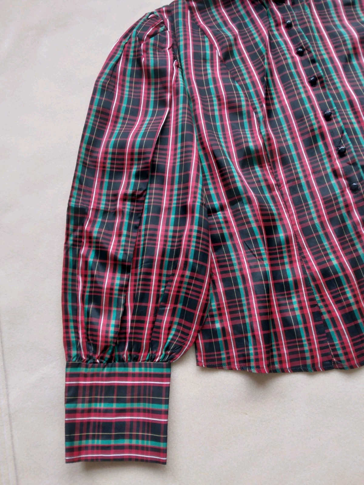 Vintage 1980s Plaid Blouse w/ Balloon Sleeves Black Red & Green Sz 12 Button Up