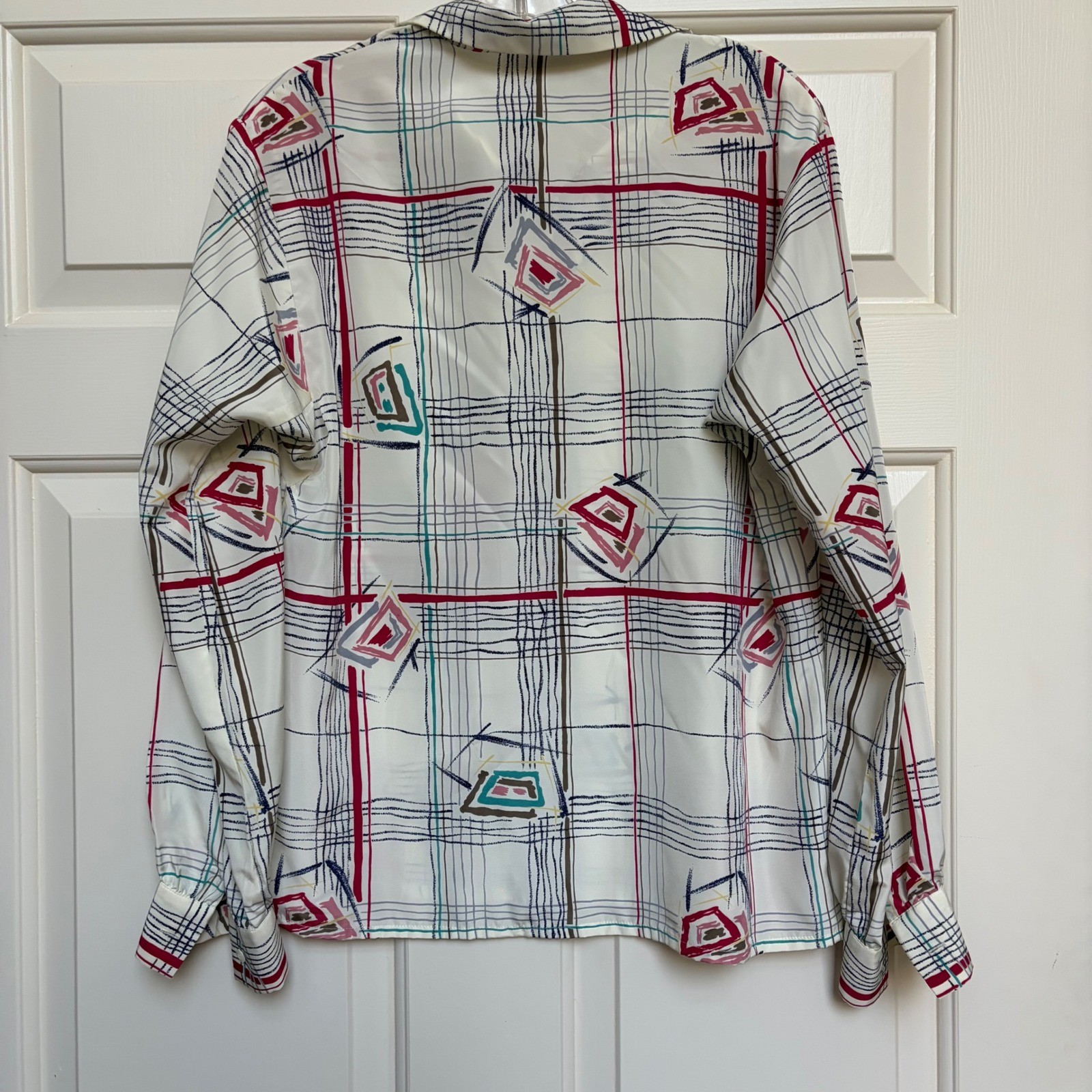 Bleyle Vintage 80s Geometric Grid Abstract Button Down Blouse White Red 12 READ