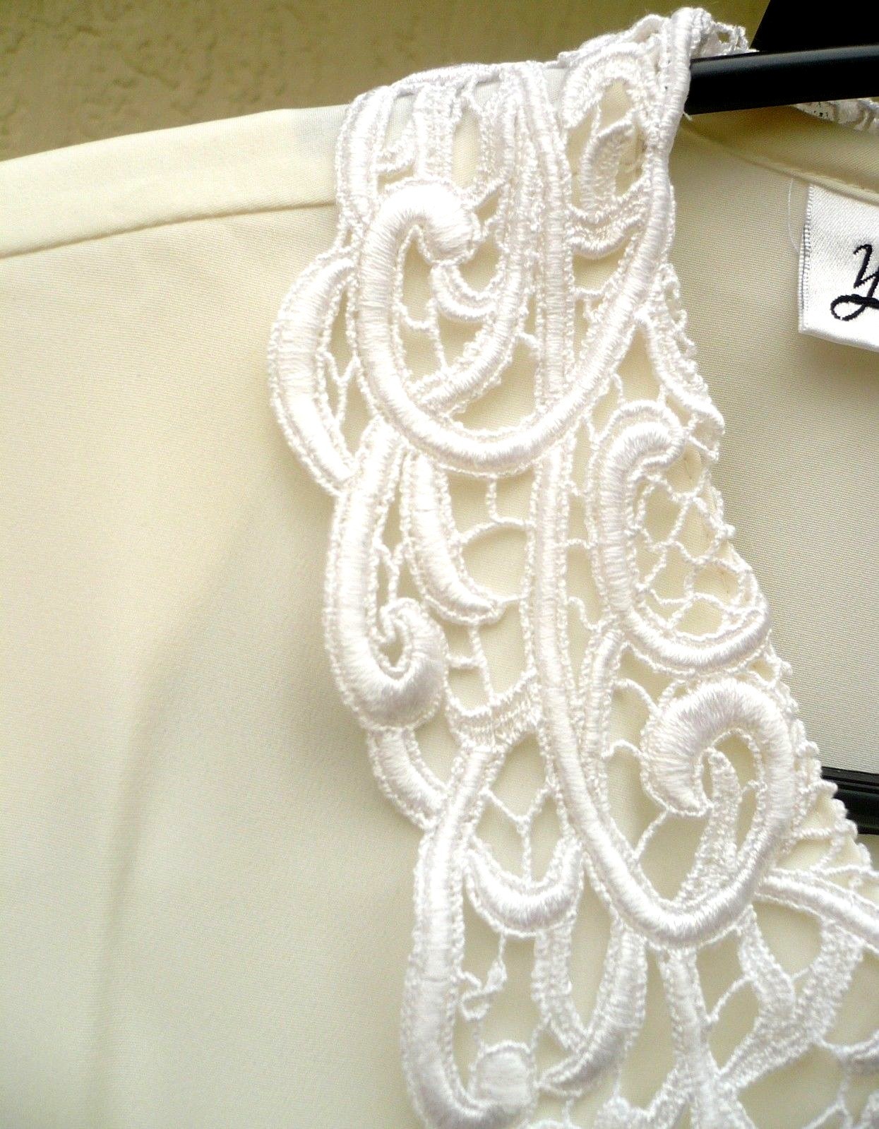 VTG 80S IVORY SATIN LACY PEARL CUTOUT LACE PETER PAN COLLAR BLOUSE S M P WOMEN