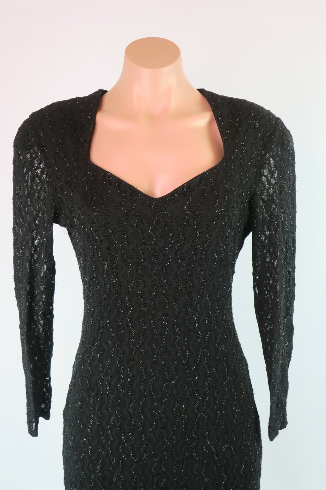 VTG 80s Niki Livas Black Bodycon Metallic Illusion Slv Party Prom Dress UNION 6