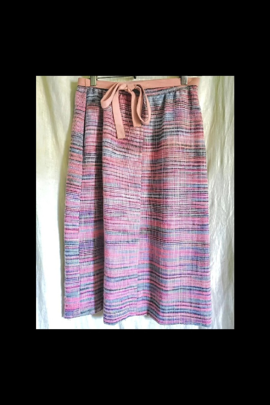 VTG 70s Striped Woven Pastels Midi Skirt w/Ultra Suede Rose Belt S