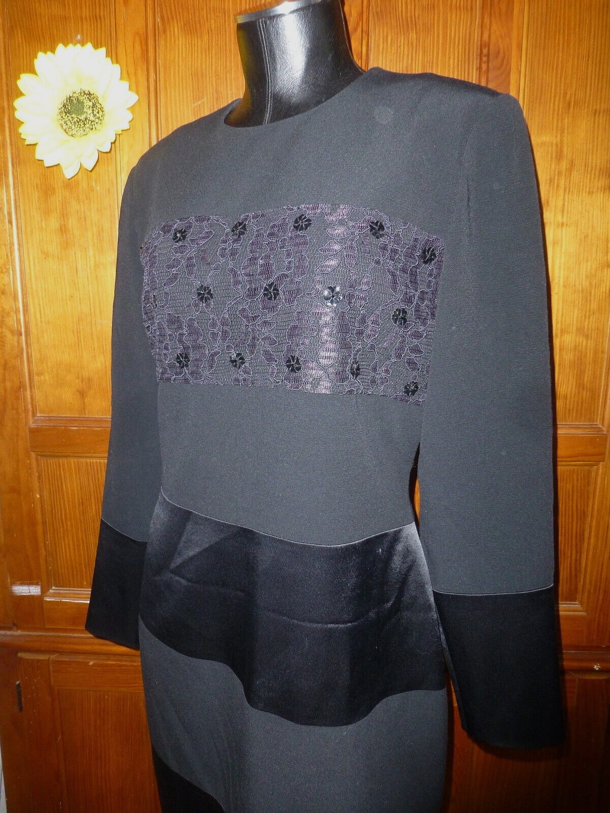 VTG BILL BLASS Black Sequin Lace Crepe Satin Evening Party Sheath DRESS sz 8 M