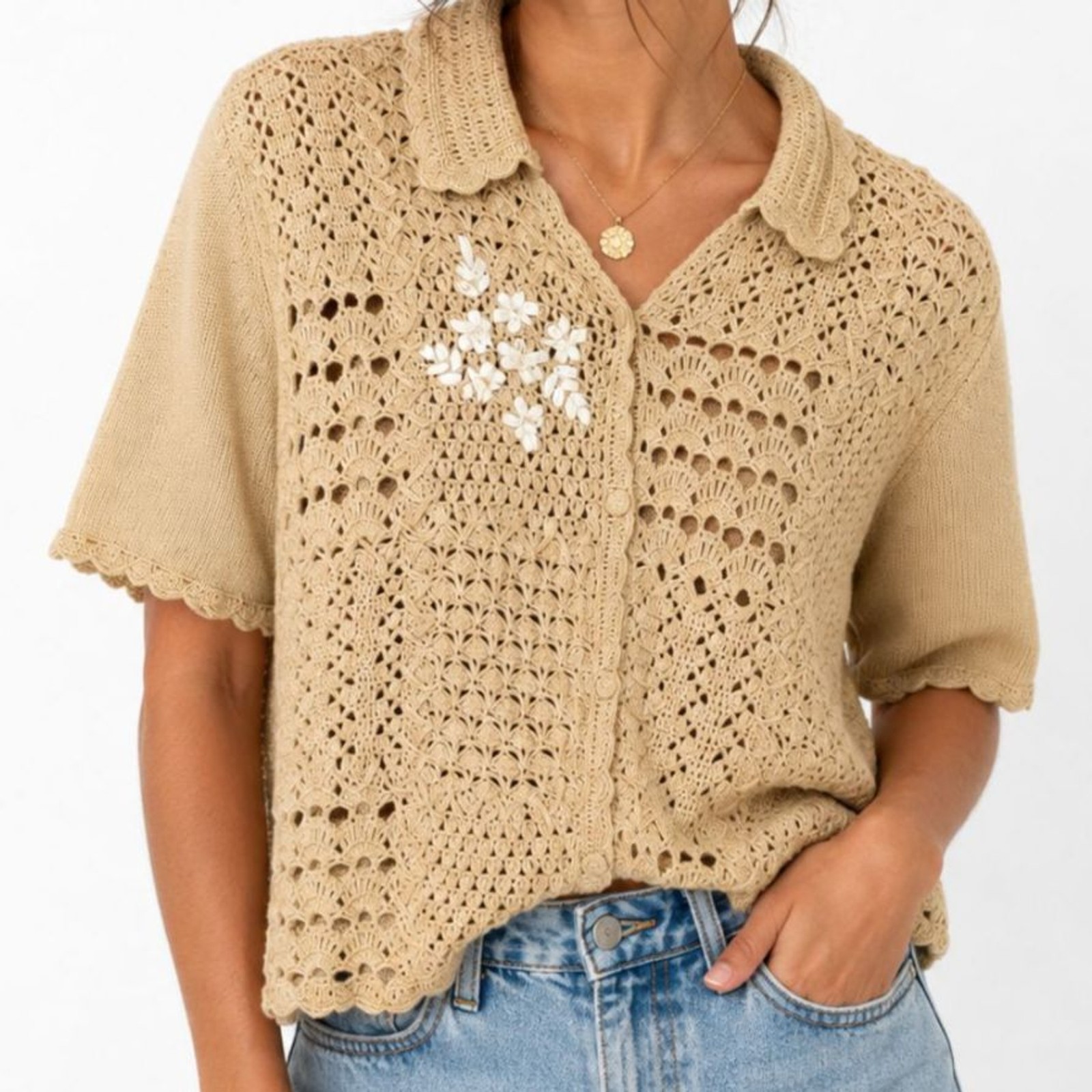 Vintage Teddi Petite Crochet Knit Cotton Button-Up Top P/XL Boho Cottagecore