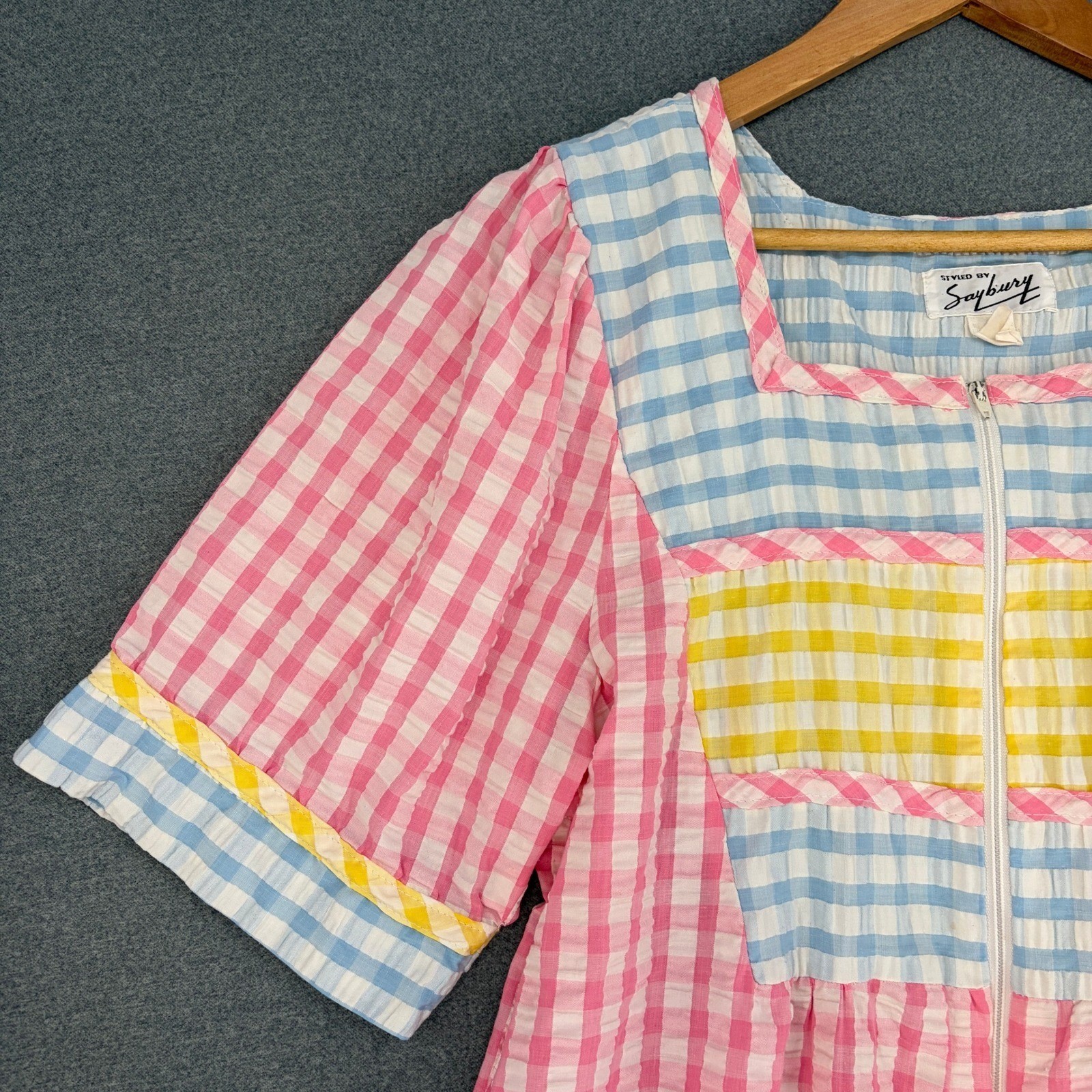 Vintage Styled by Saybury Gingham Seersucker Caftan Small Maxi Dress Pink Blue
