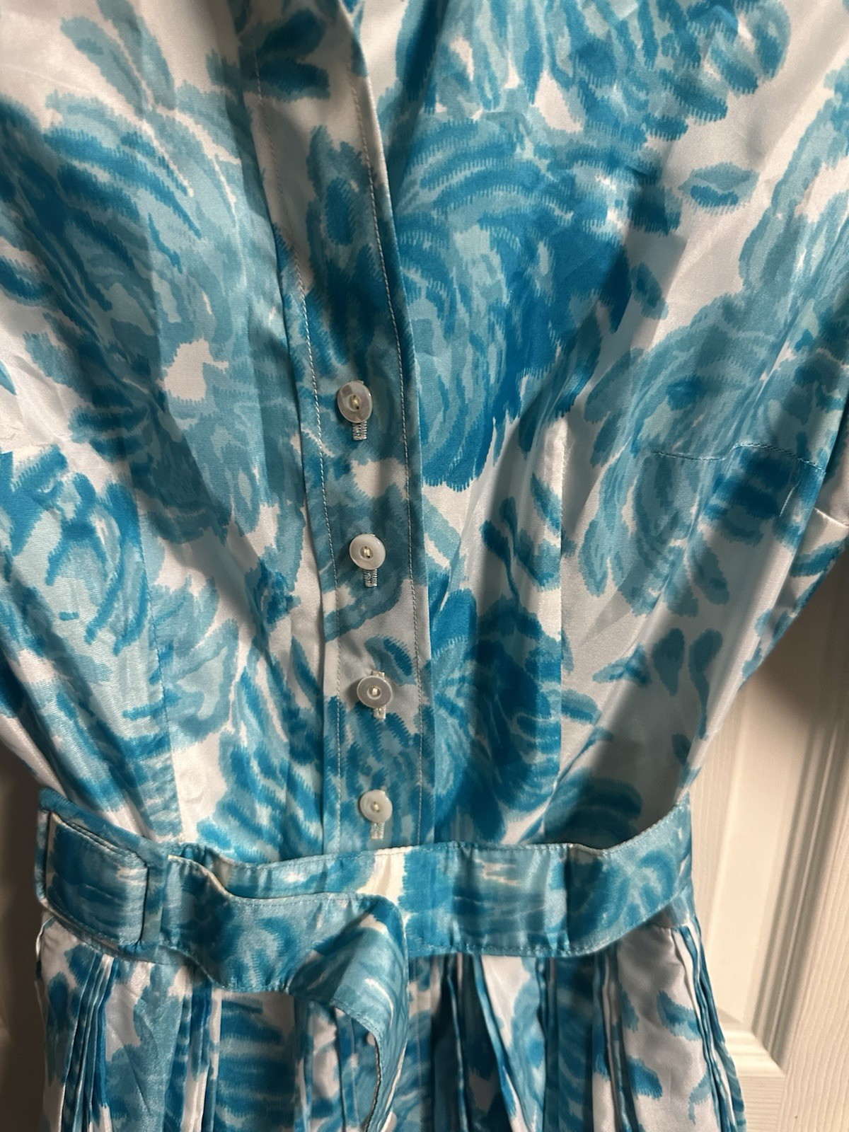 VNT 50s Martha Clyde Watercolor Floral Pleated Housewife Belted Blue White Dress