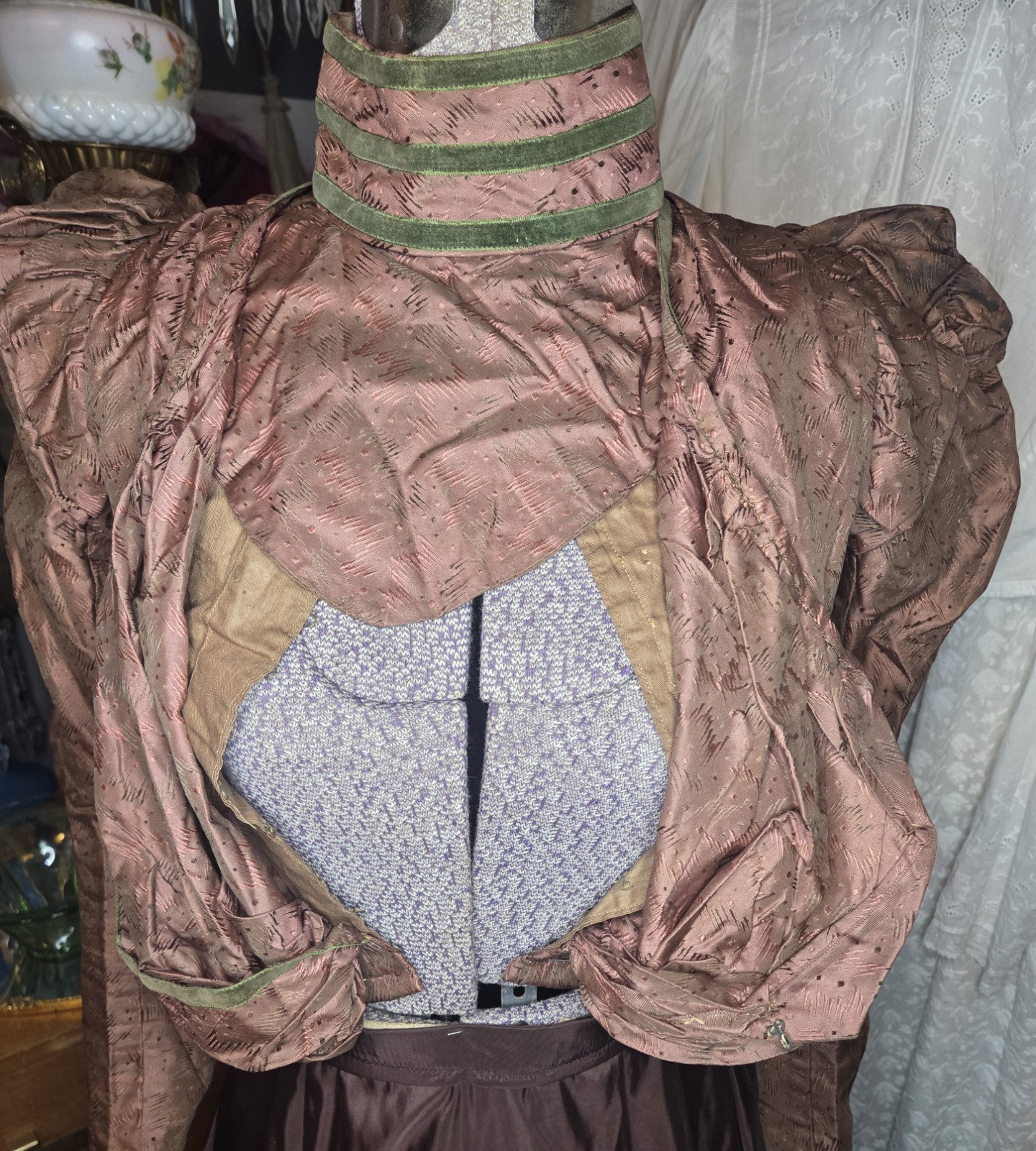Victorian Copper Taffeta Print Bodice w/ Green Velvet Trim READ!