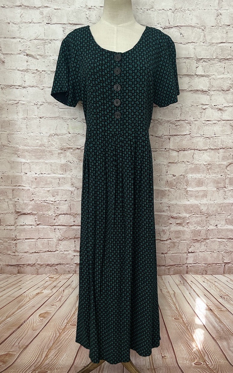 Vintage Sarah Elizabeth Dress 14 Long Pleated Ditsy Cottagecore Modest Church
