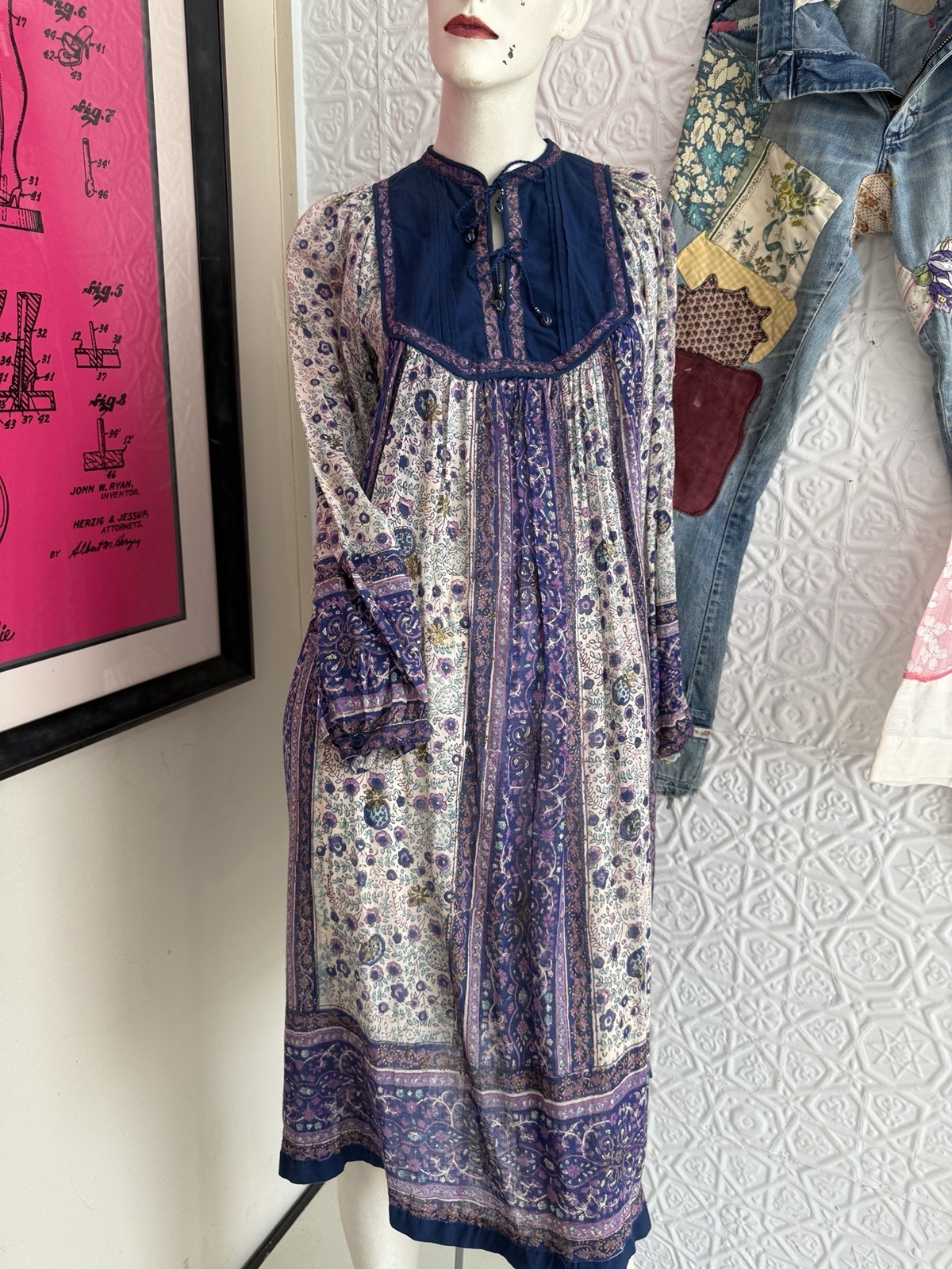 vintage 1960s/1970s Star of India cotton gauze block print dress blue purple S