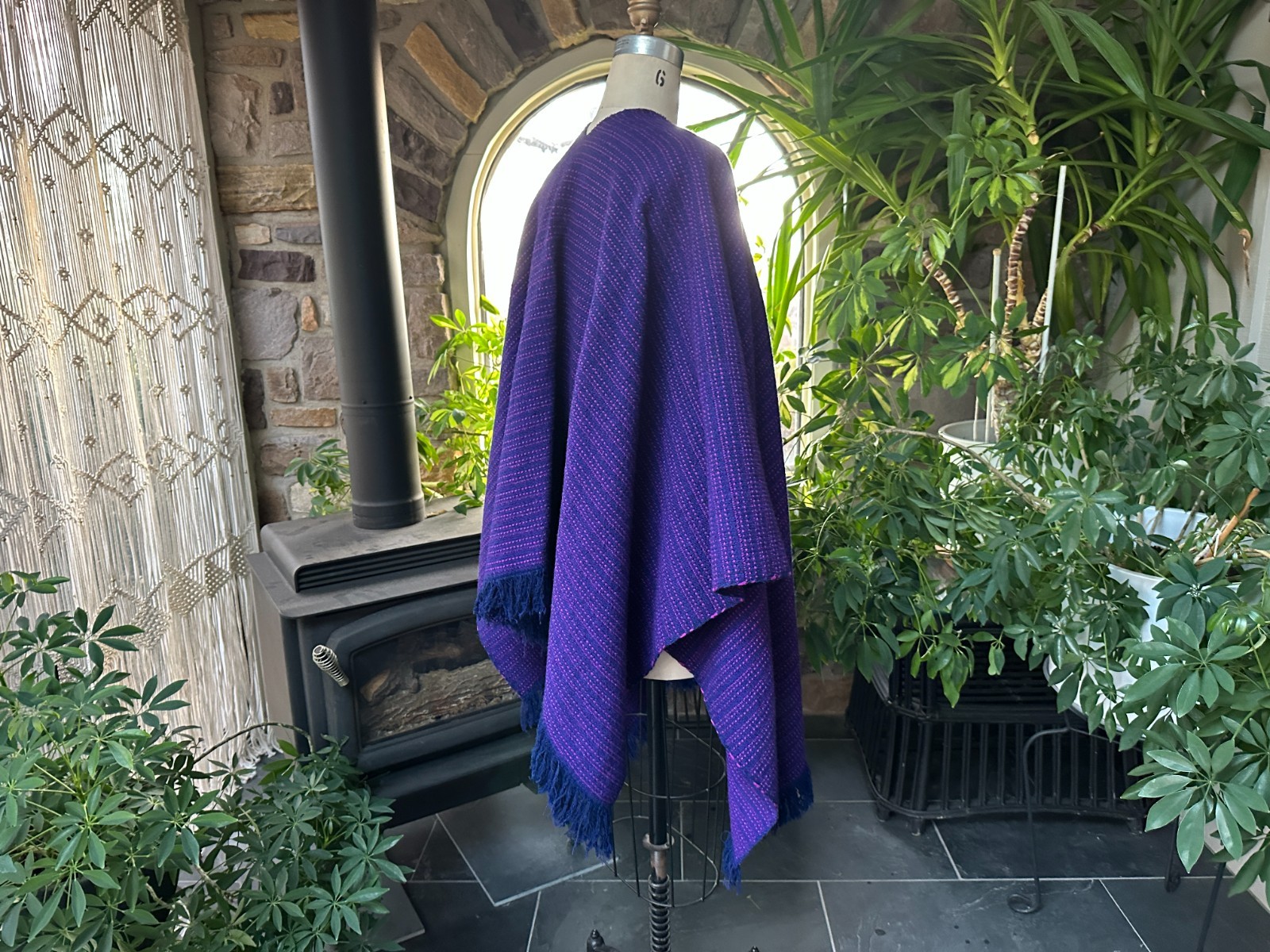 Vintage Bohemian Blue and Pink Hand Woven Stripe Wool Poncho Cape Shawl
