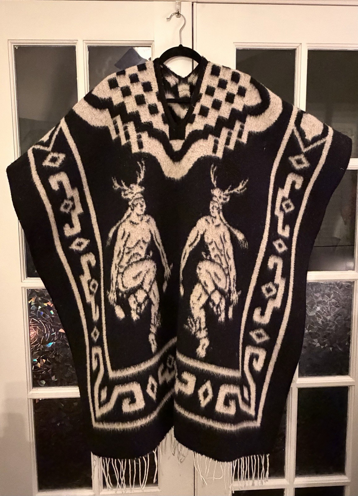 Vintage Reversible Black And White Native Indigenous Wool Poncho