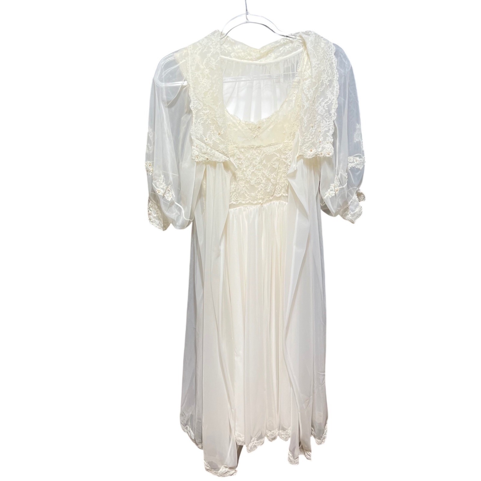 Vintage Ivory Lace Peignoir Set Bridal Nightgown and Sheer Robe Pearl Detail