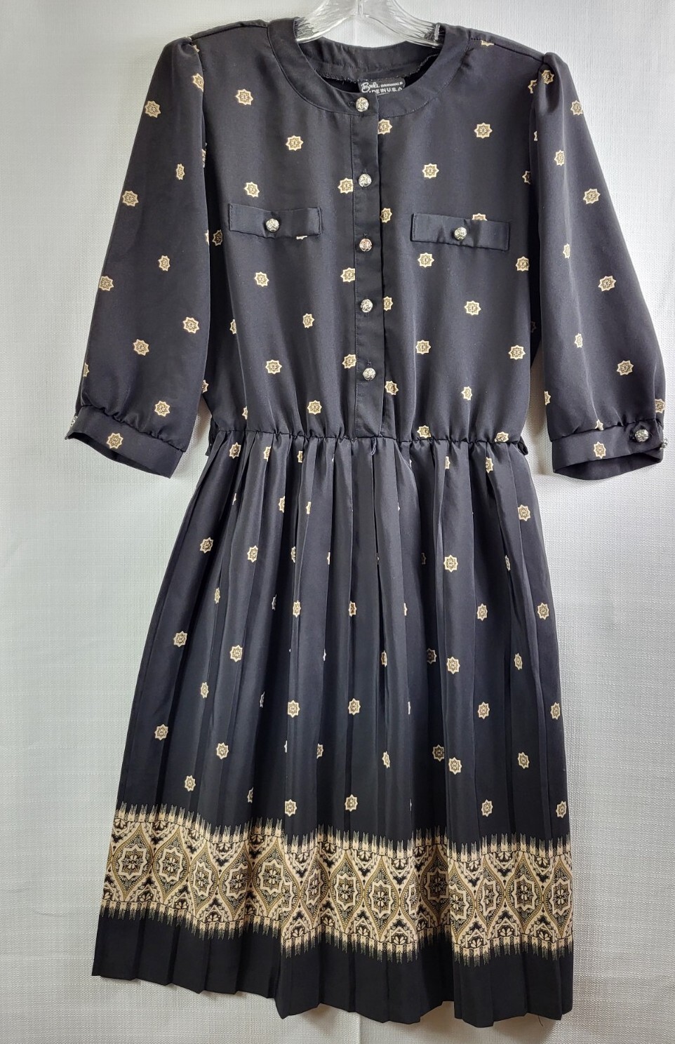 Breli Originals Black Floral Chiffon Pleated Dress Sz 12 Victorian Dark Academia