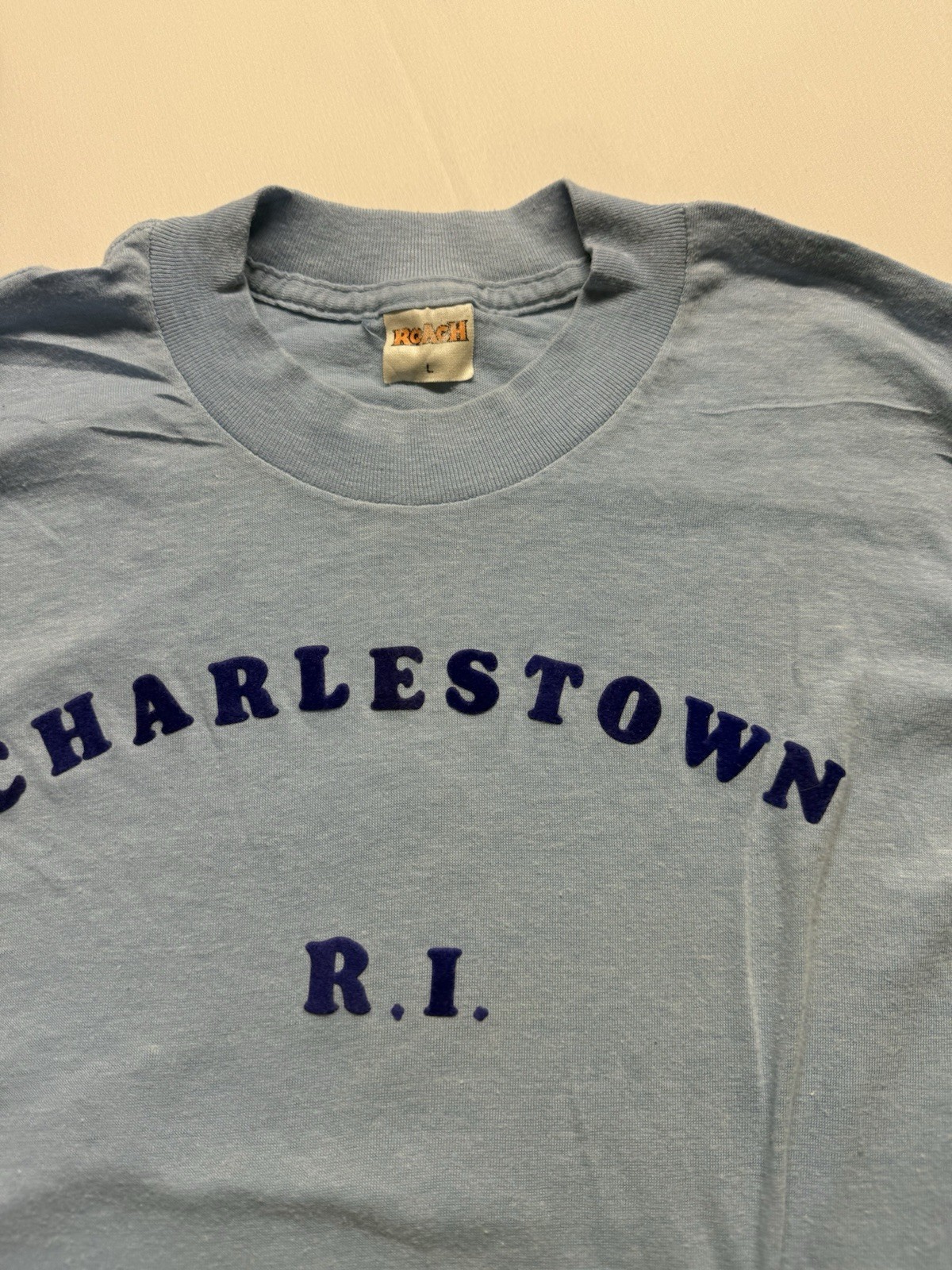 Vintage 80s Charlestown RI T-Shirt Light Blue Roach Tag L USA Single Stitch