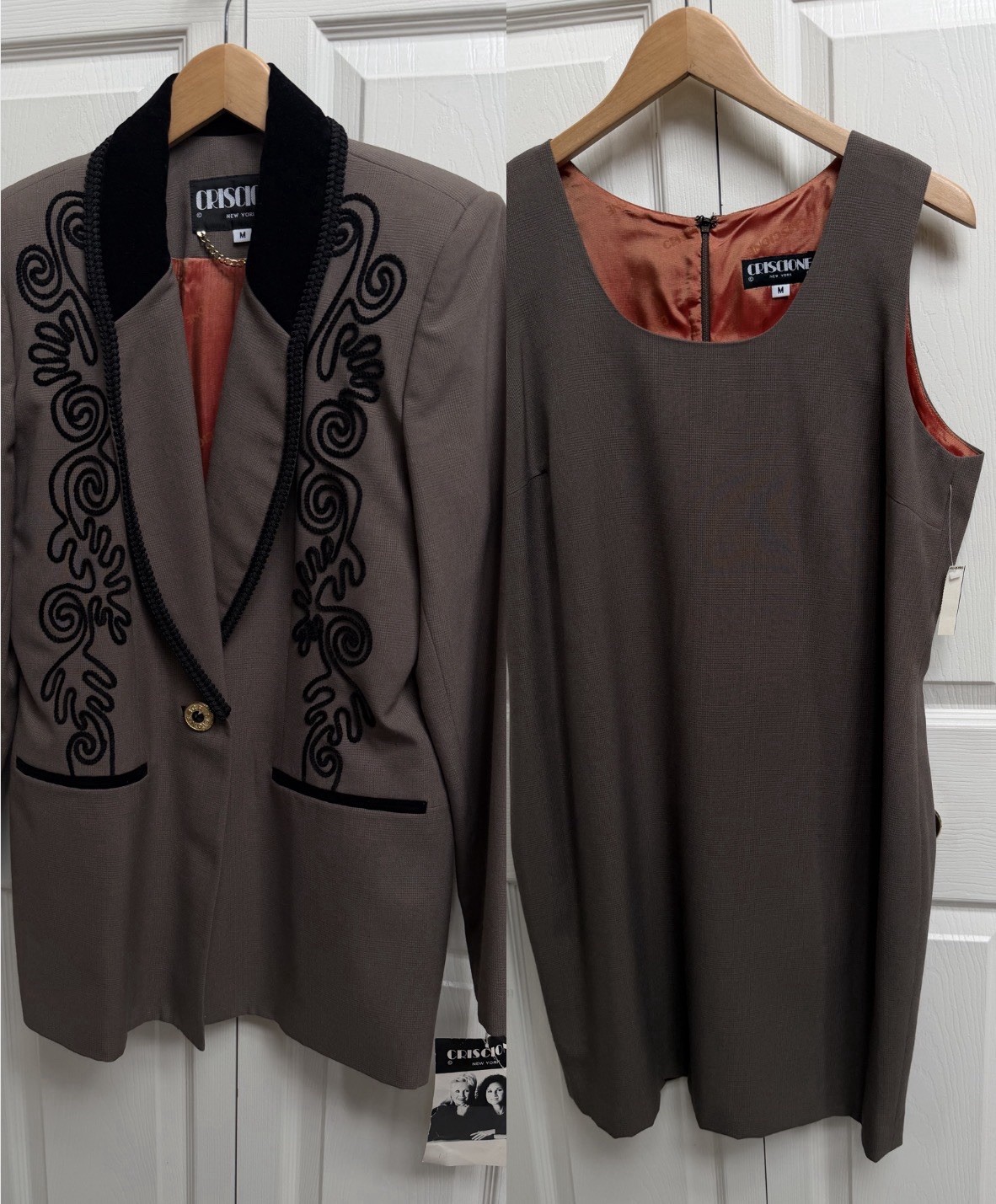 Vtg NWT Criscione SZ M Taupe Plaid Embellished Dress Suit Velvet Collar Cache