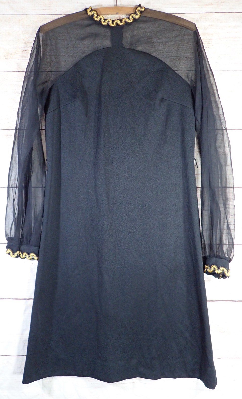 Vintage 60s Mod Black Cocktail Shift Dress S Sheer Bishop Sleeve Gold Rick Rack