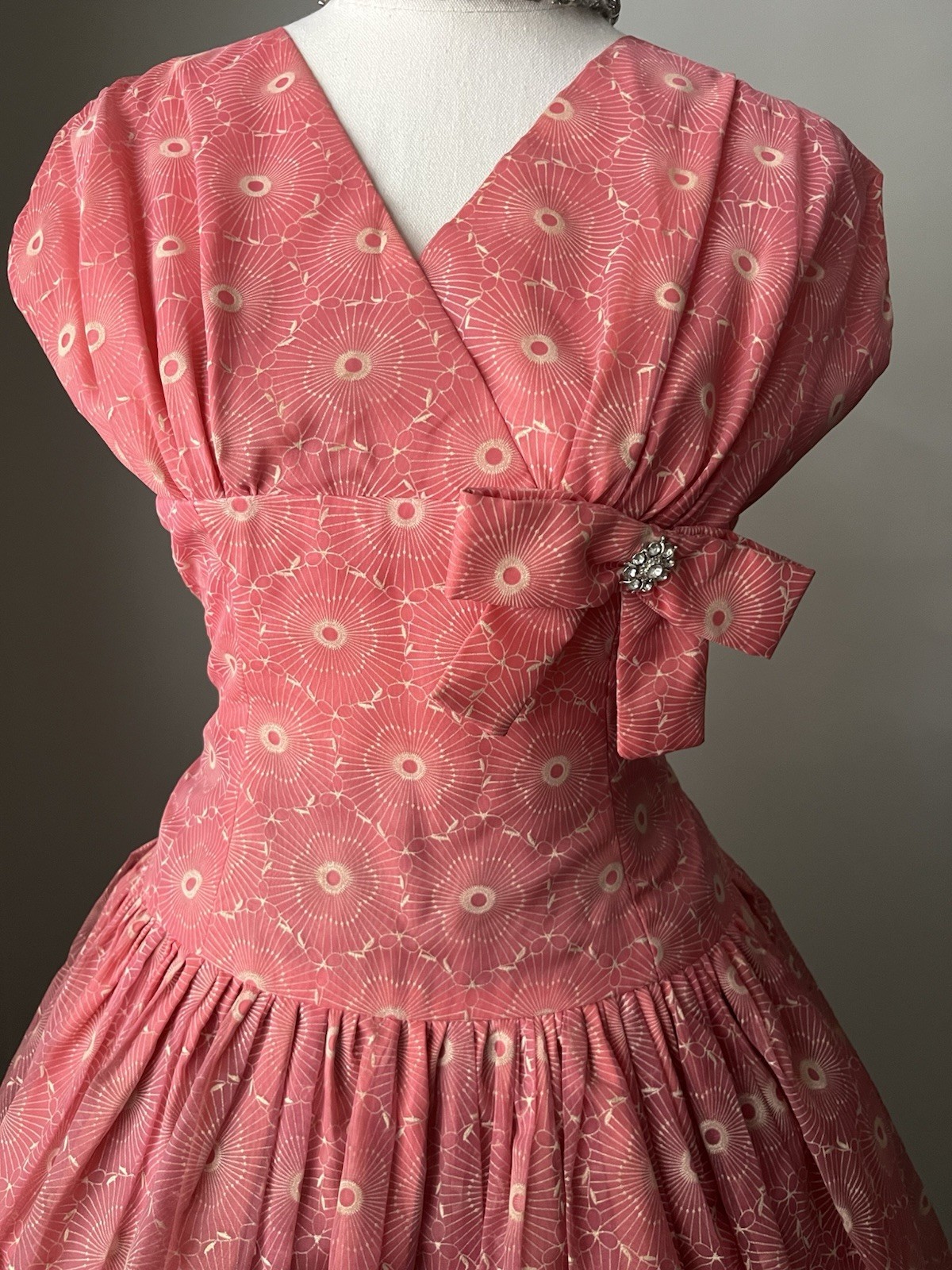 Vintage 1950s Coral Pink pattern double layer Tea Dress | Rhinestone Bow Details